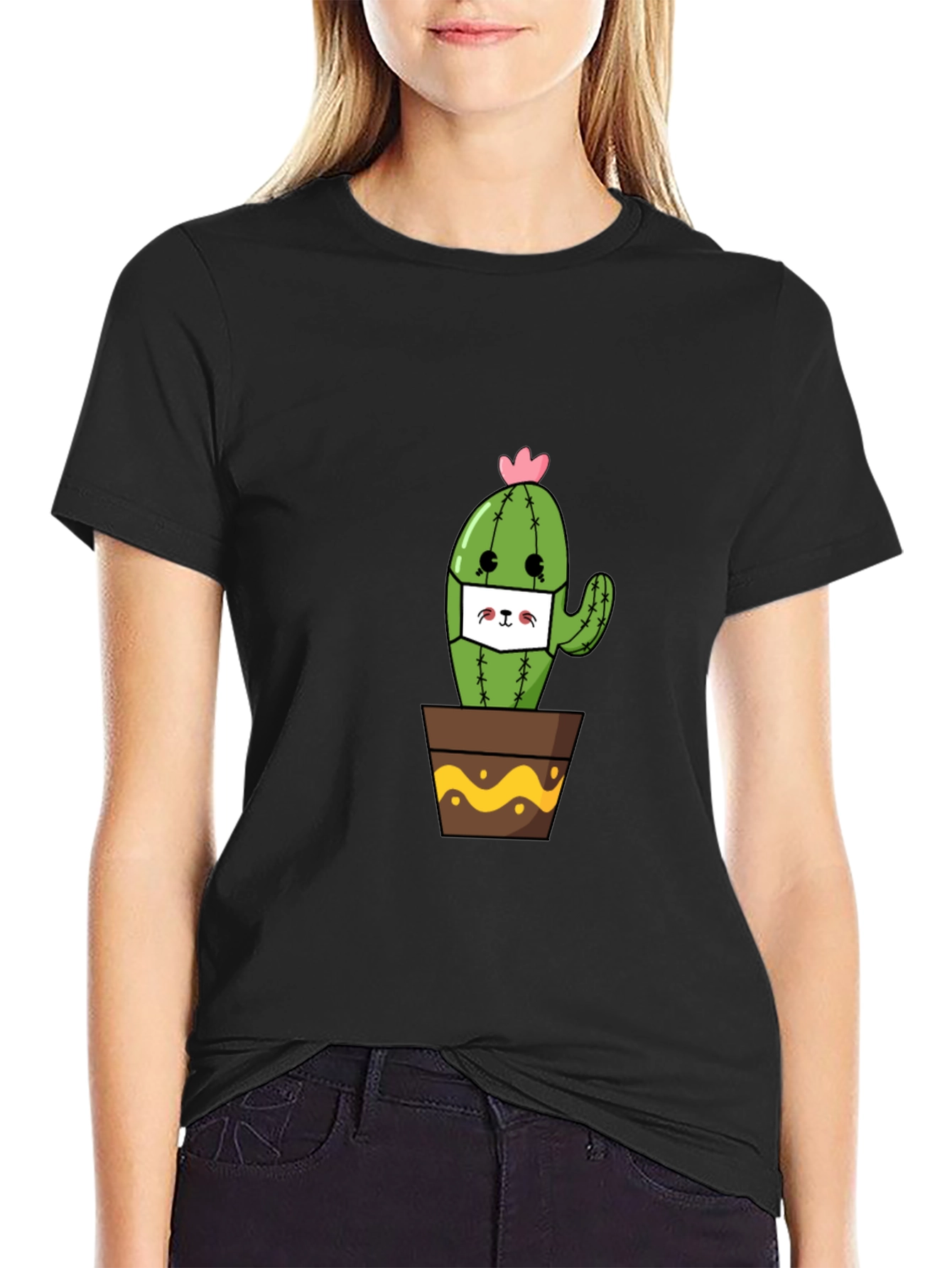 Black Cute Cactus Face Mask T-Shirt view 2