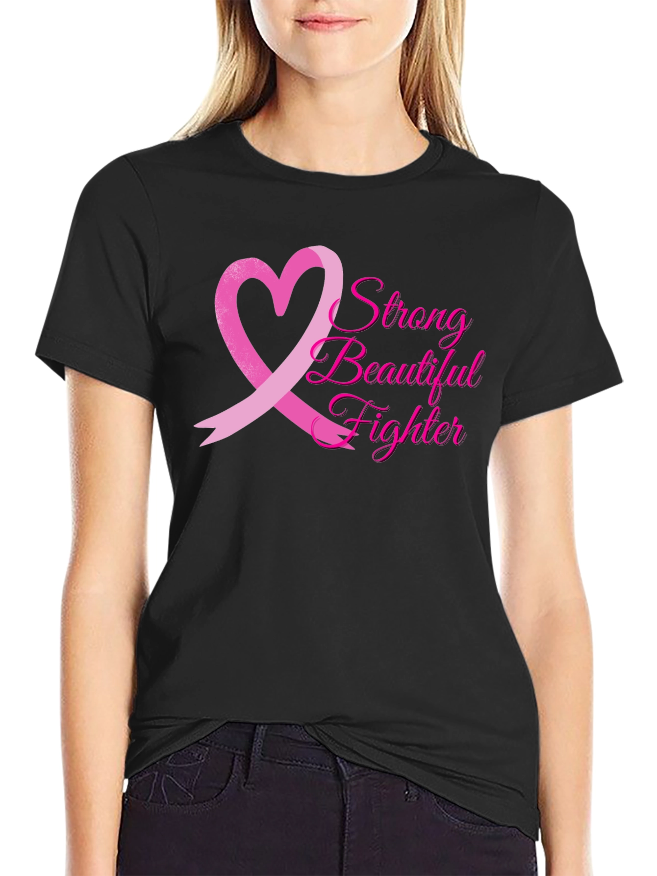 Black Breast Cancer Awareness T-Shirt: Strong Beautiful Fighter view 2