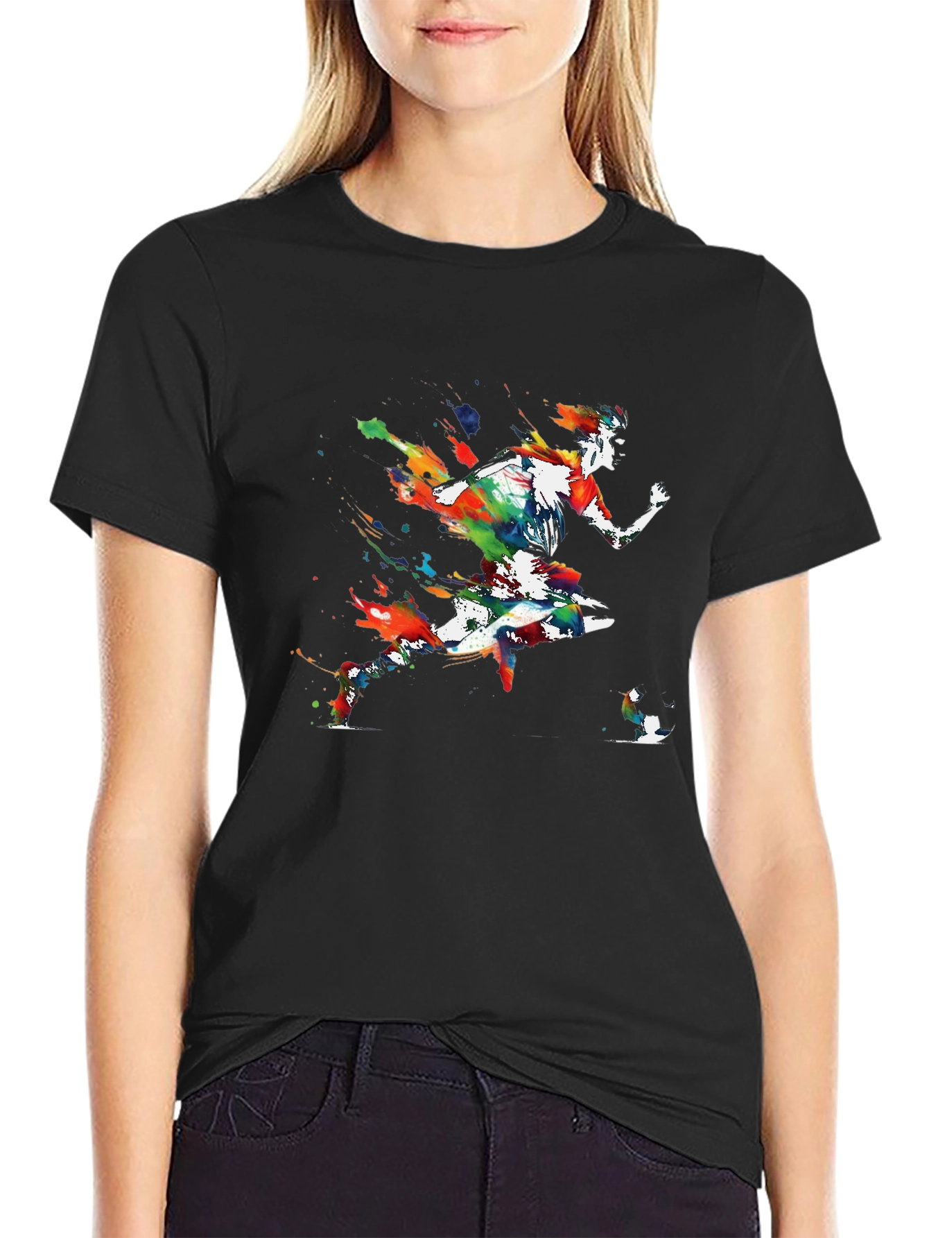 Black Abstract Soccer Player Black Graphic Tee view 2