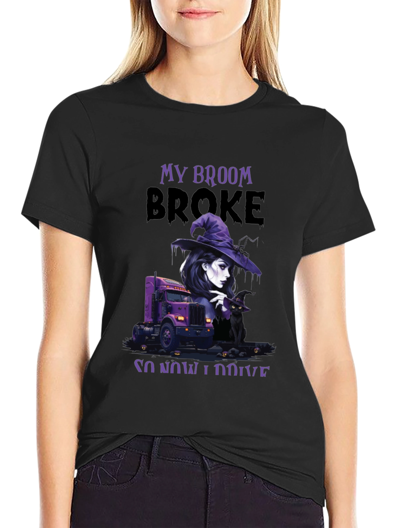 Black My Broom Broke Trucker T-Shirt view 2