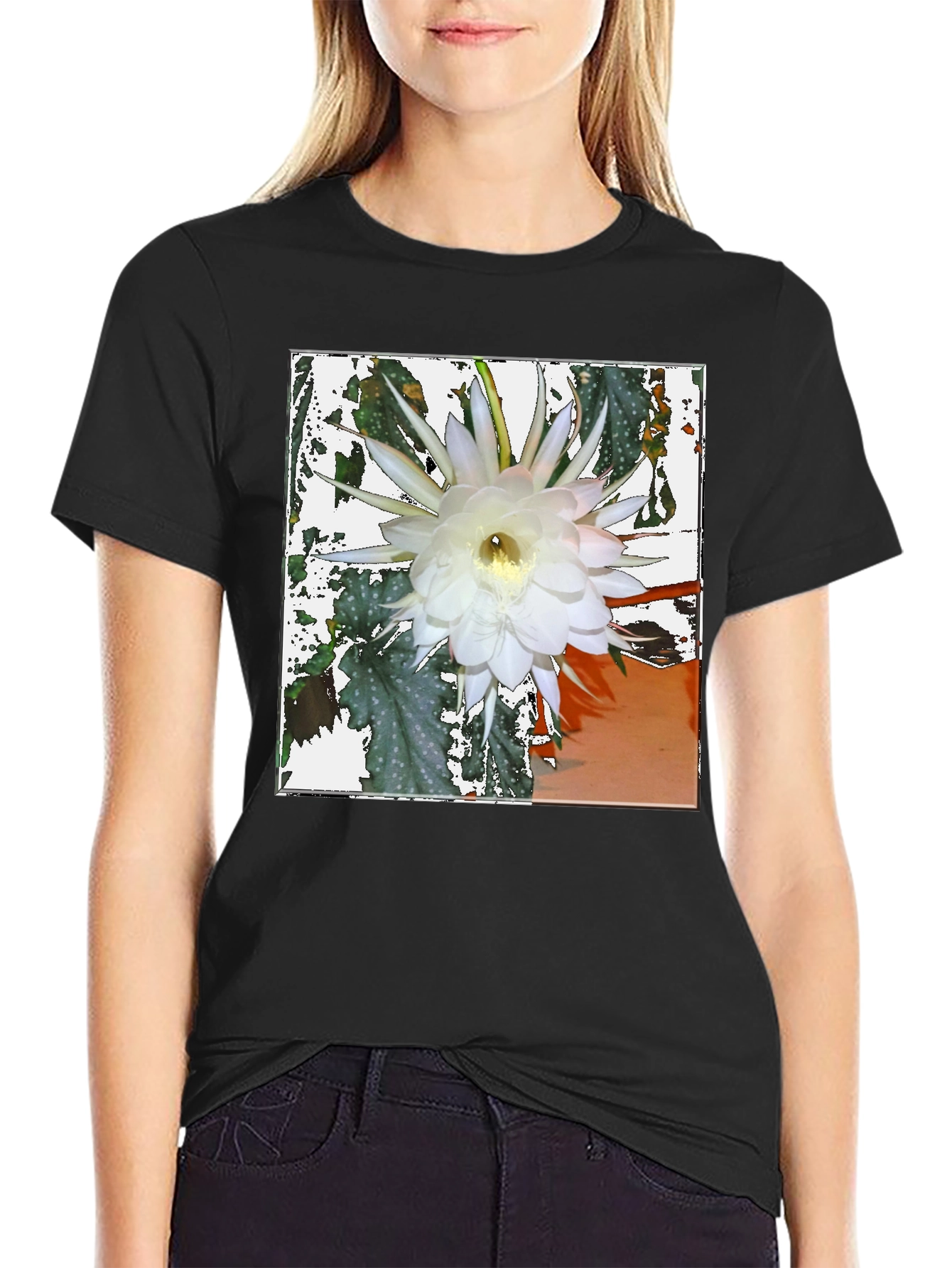 Black Floral Print Tee - Night Blooming Cereus Design view 2