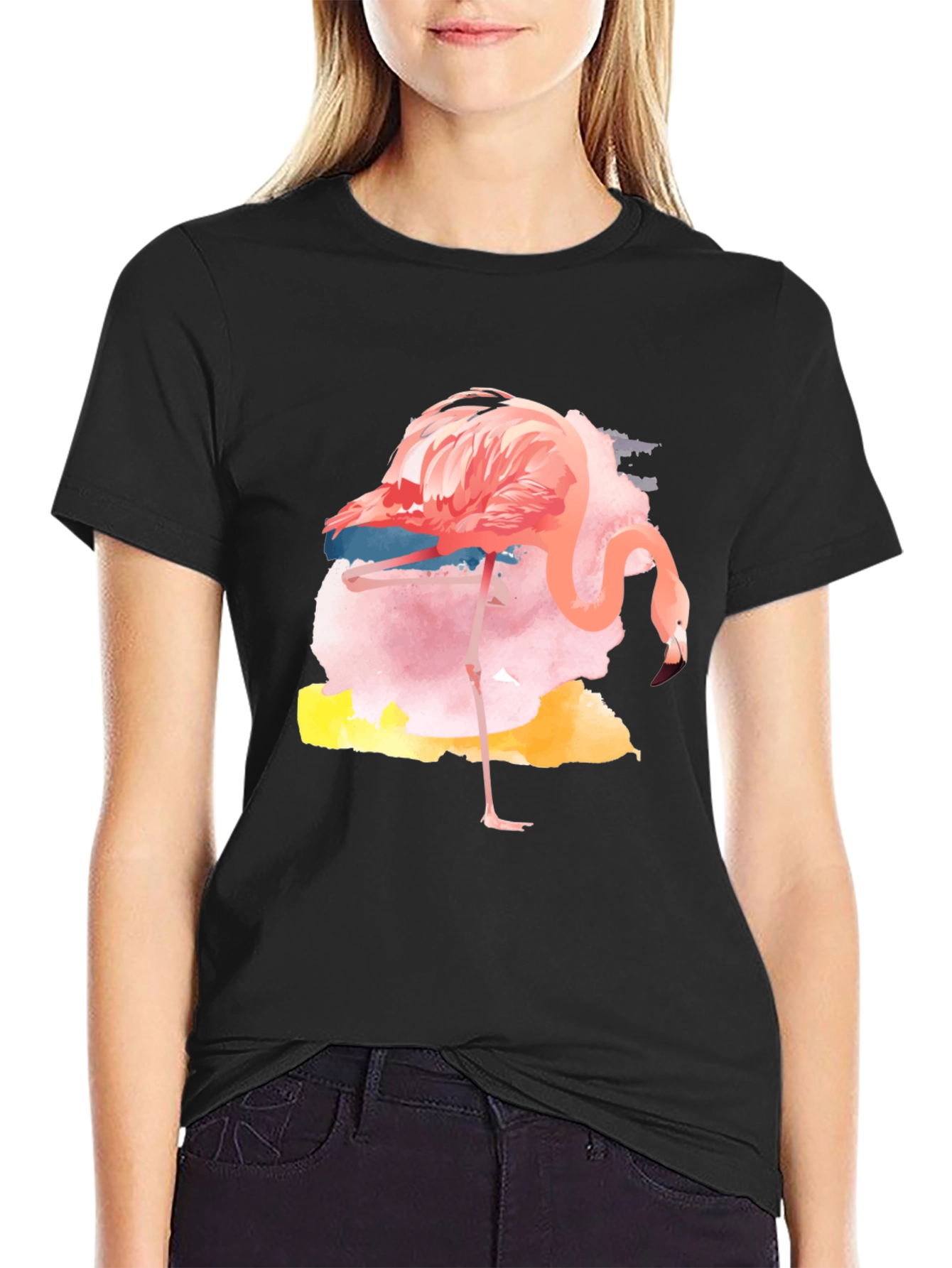 Black Watercolor Flamingo Graphic Tee - Casual Black T-Shirt view 2