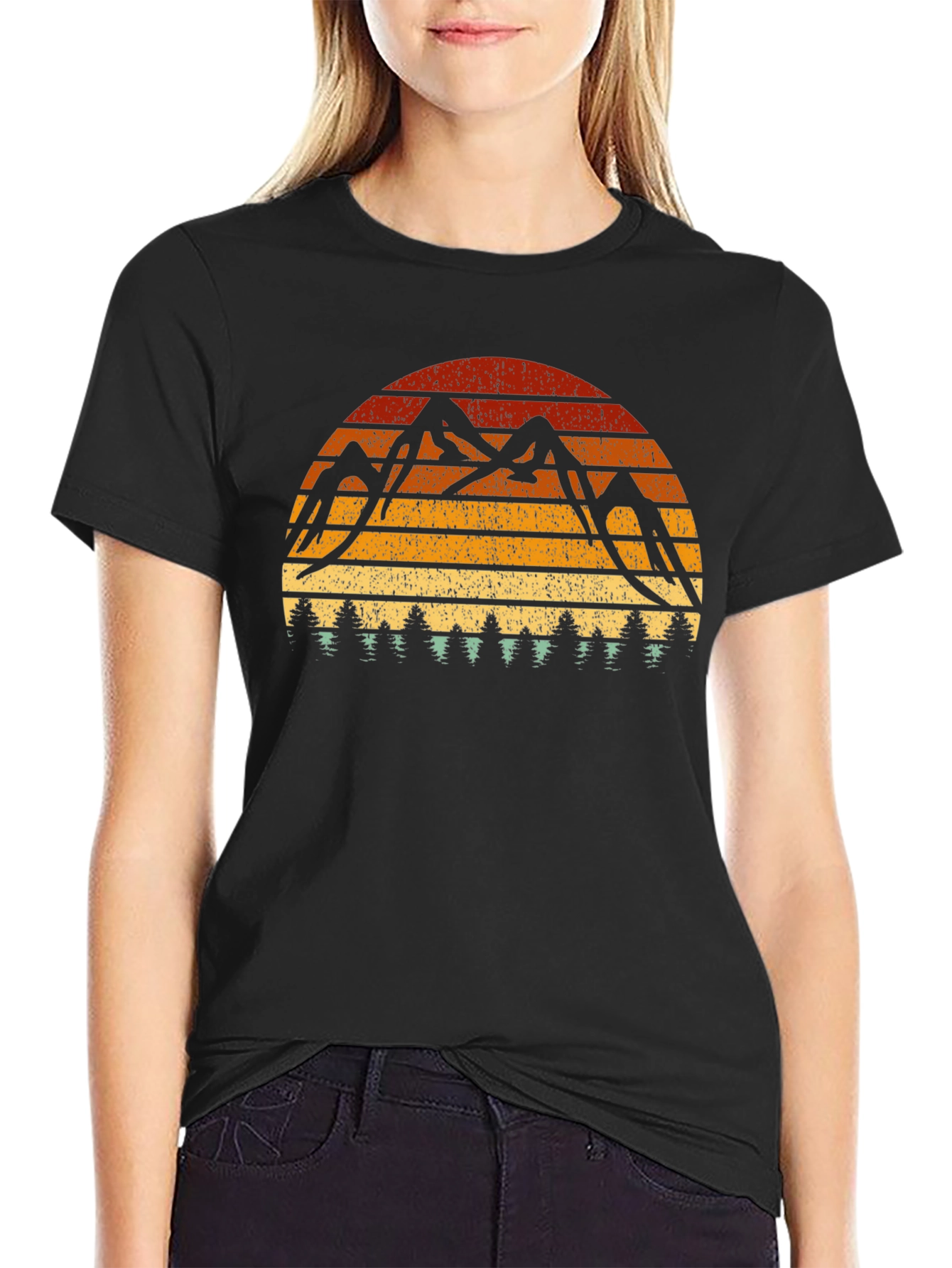 Black Retro Mountain Sunset T-Shirt view 2