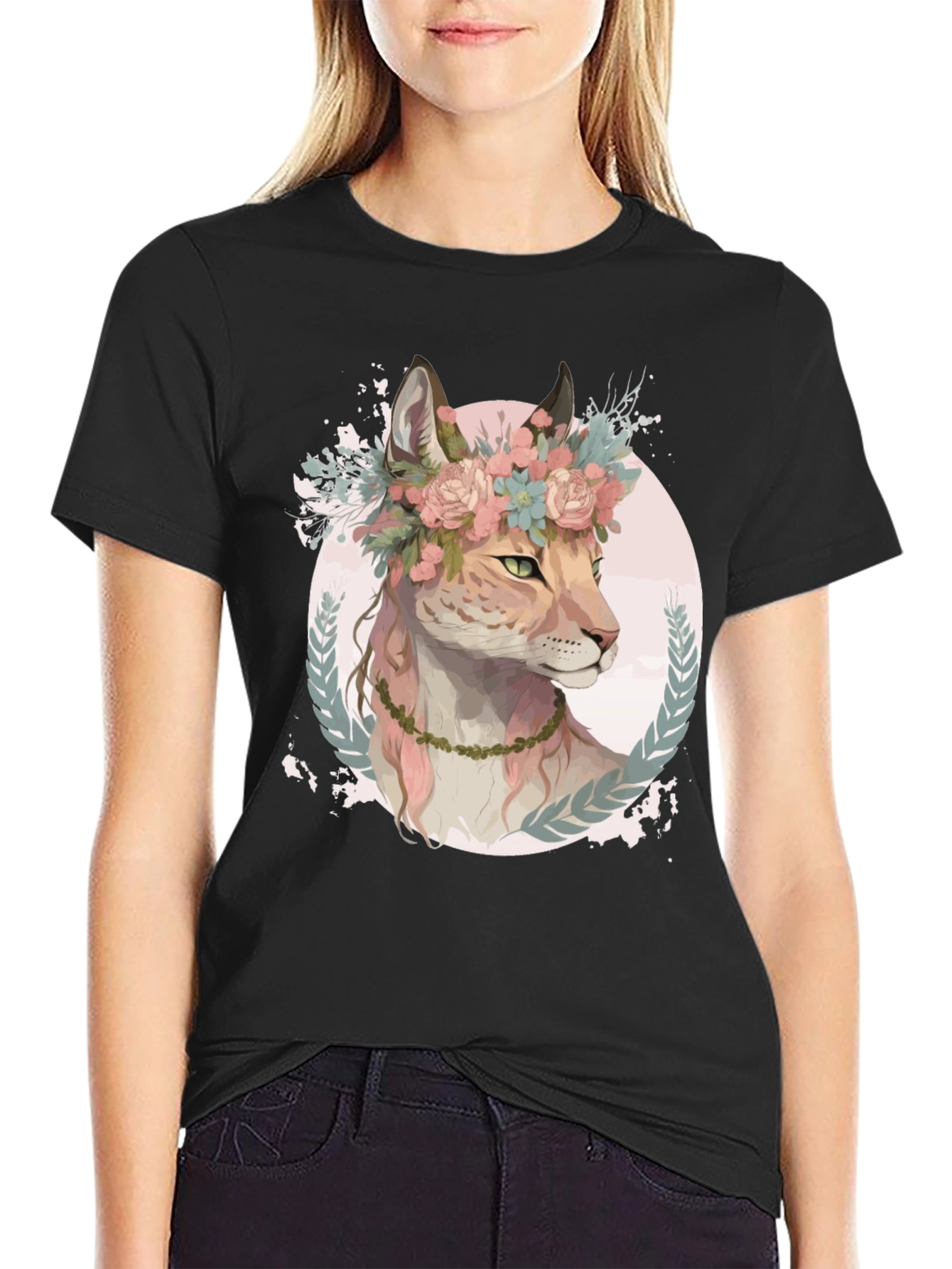 Black Floral Lynx Graphic Tee - Stylish & Unique view 2