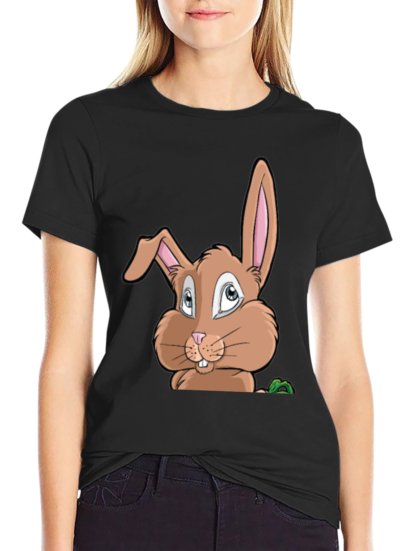 Black Cute Cartoon Bunny Graphic Black T-Shirt view 2
