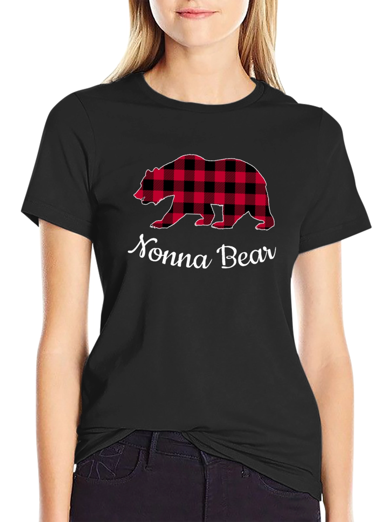 Nonna Bear Plaid Graphic Tee - Black Cotton Shirt - 2