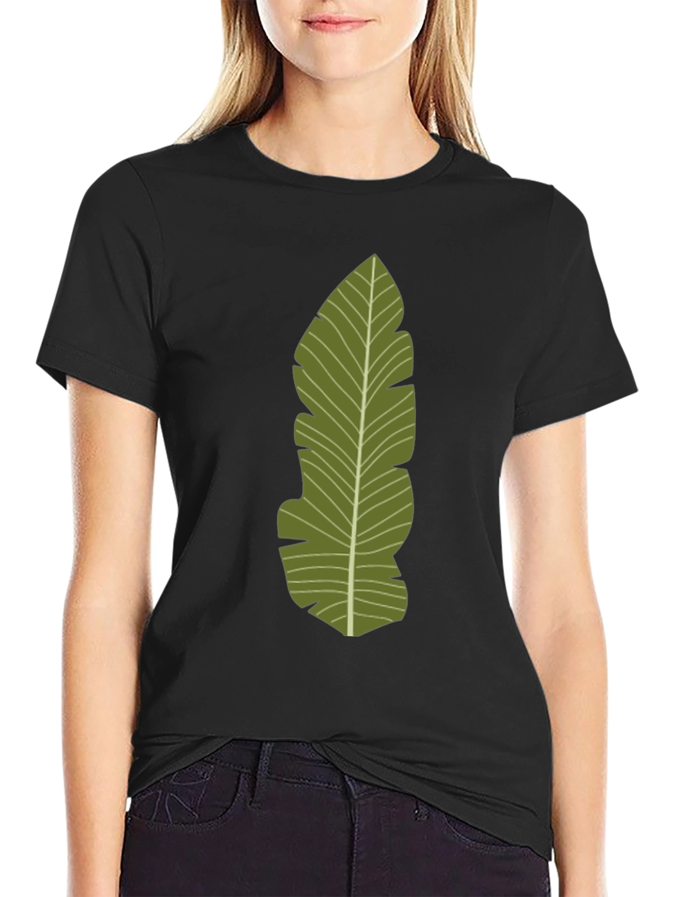 Black Tropical Leaf Print Black T-Shirt view 2