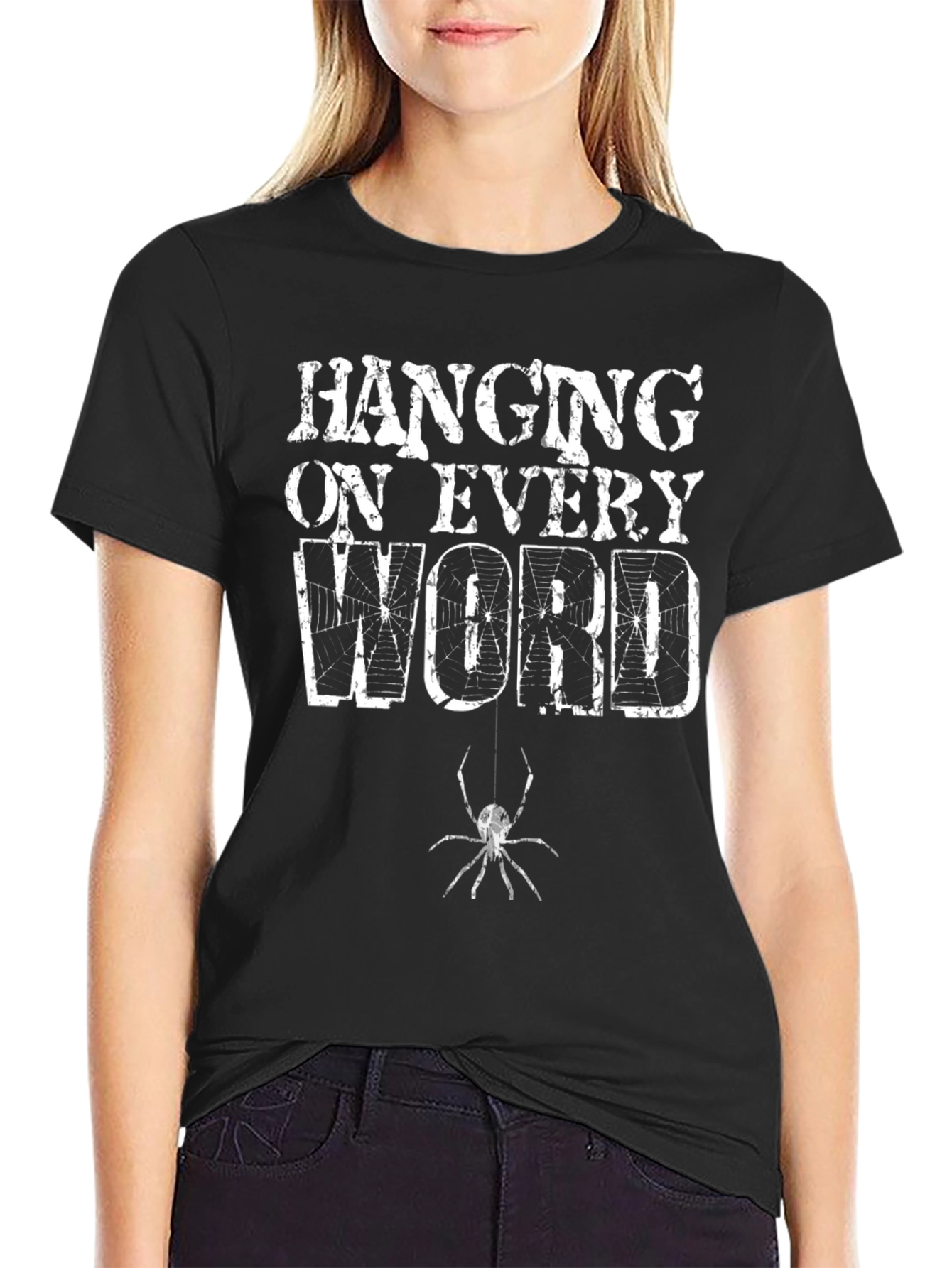 Black Hanging On Every Word Spider Graphic Tee view 2