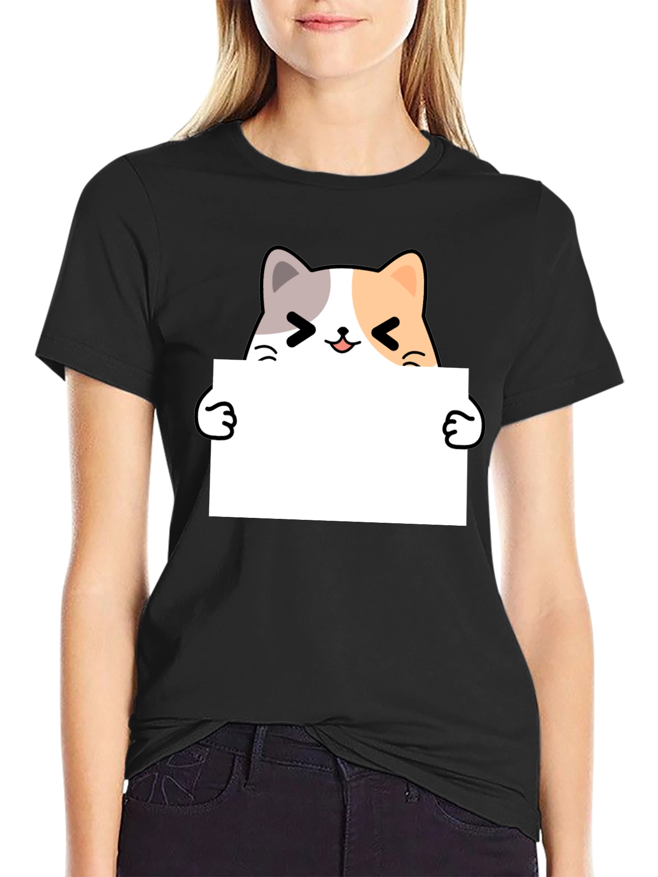 Black Cute Cat Holding Blank Sign T-Shirt view 2