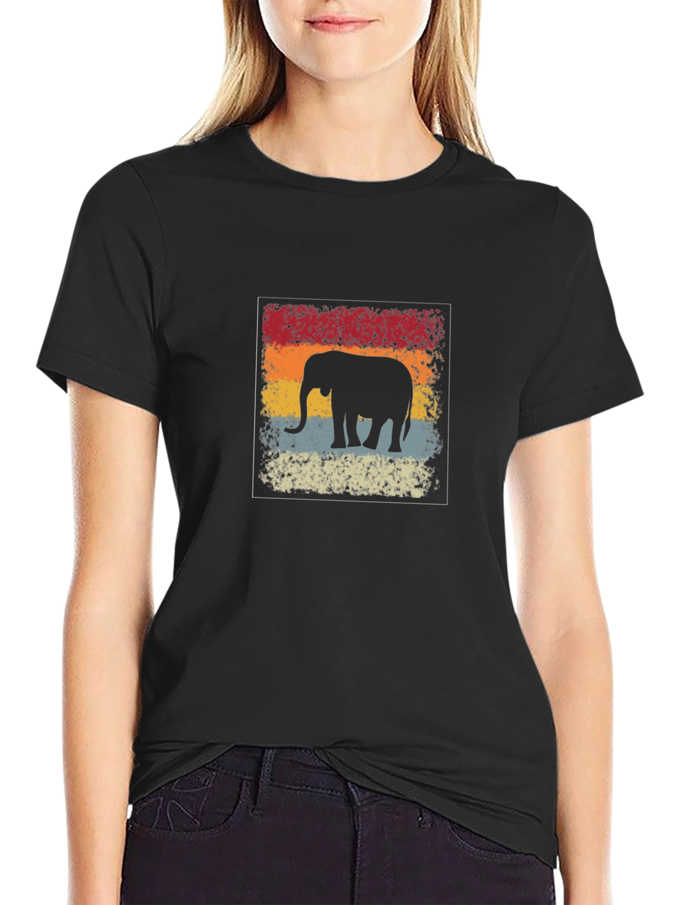 Black Retro Elephant Graphic Tee - Vintage Style Comfort view 2