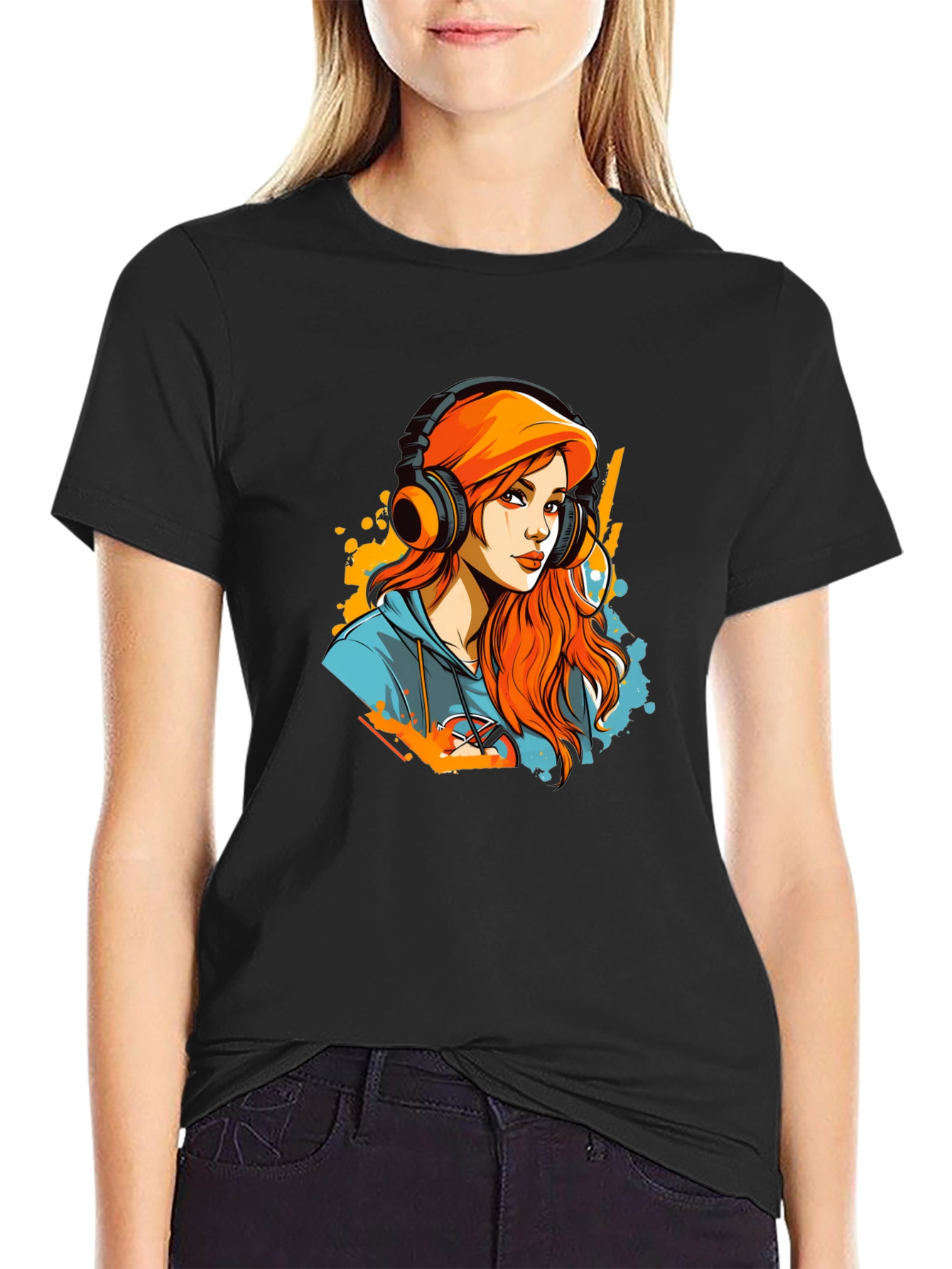 Black Gamer Girl T-Shirt - Headphone Art Design view 2