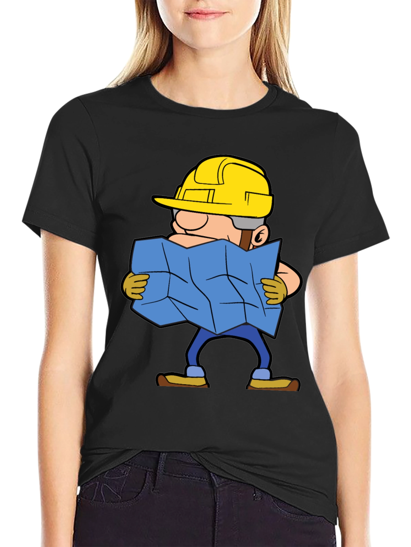Black Construction Worker Map Cartoon Graphic Tee view 2