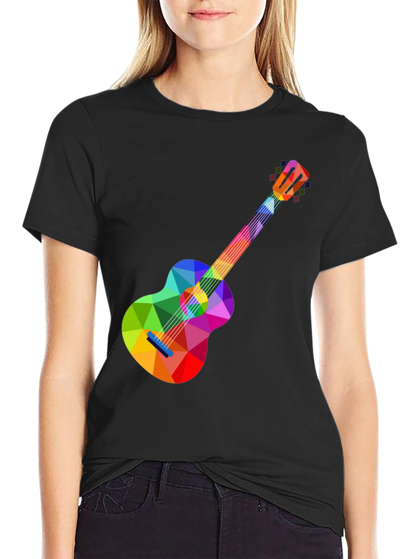 Black Colorful Geometric Guitar Graphic Tee - Stylish Music Lover T-Shirt view 2
