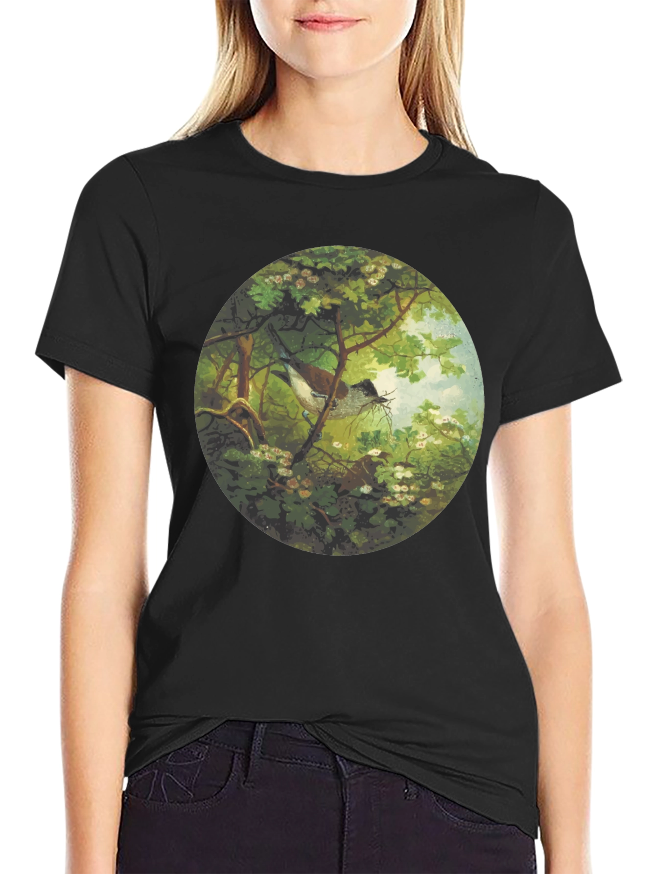 Black Bird & Nest Graphic Tee - Nature Art Shirt view 2