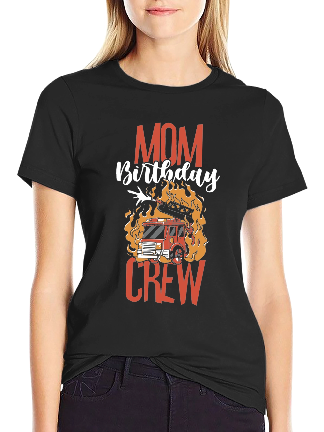Black Mom Birthday Firetruck Crew Graphic T-Shirt view 2