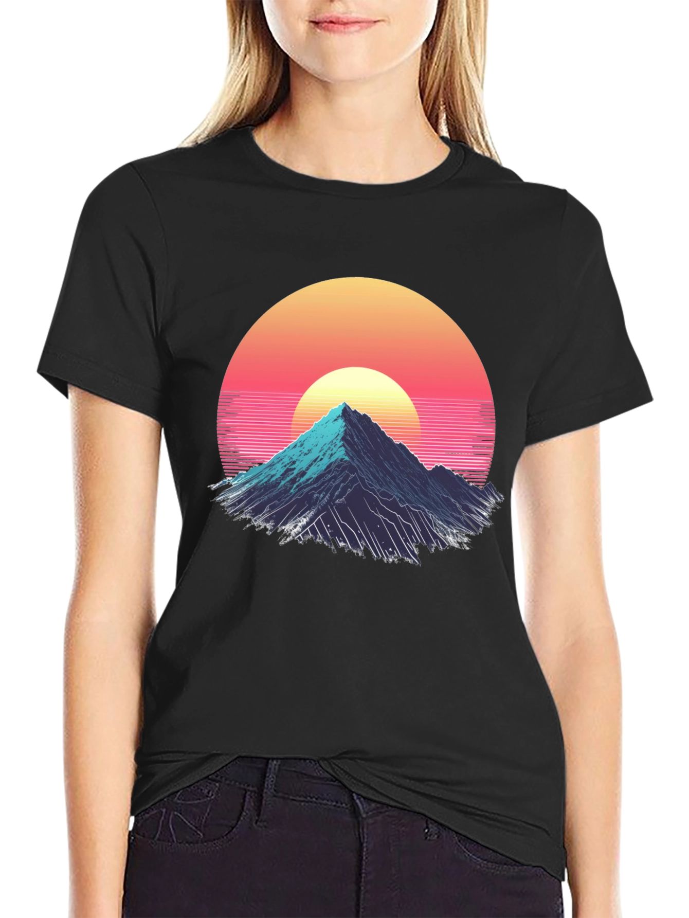 Black Retro Mountain Sunset Graphic Tee - Black view 2