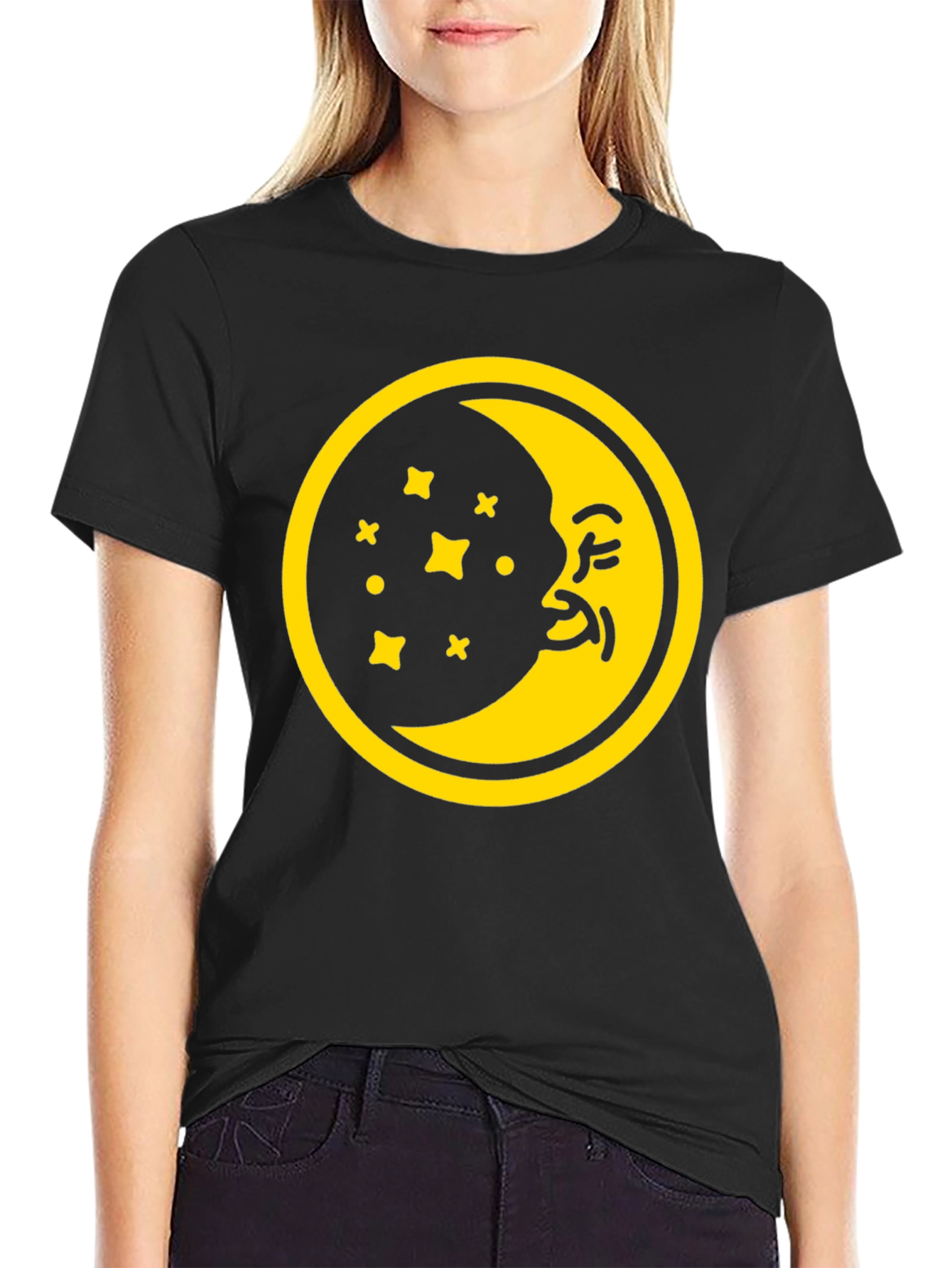 Black Dreamy Moon Graphic Tee - Black Cotton T-Shirt view 2