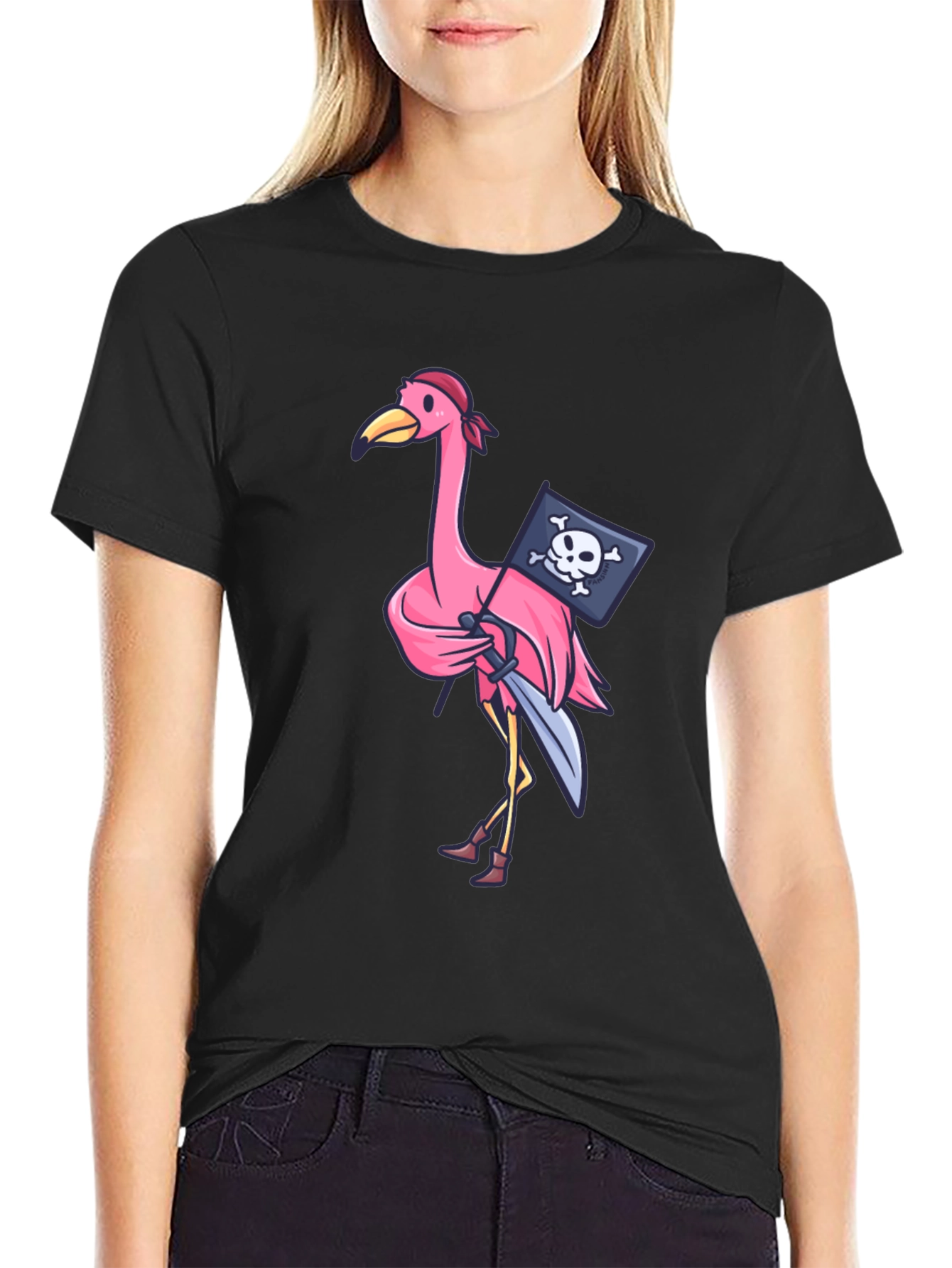 Black Pirate Flamingo T-Shirt - Novelty Graphic Tee view 2
