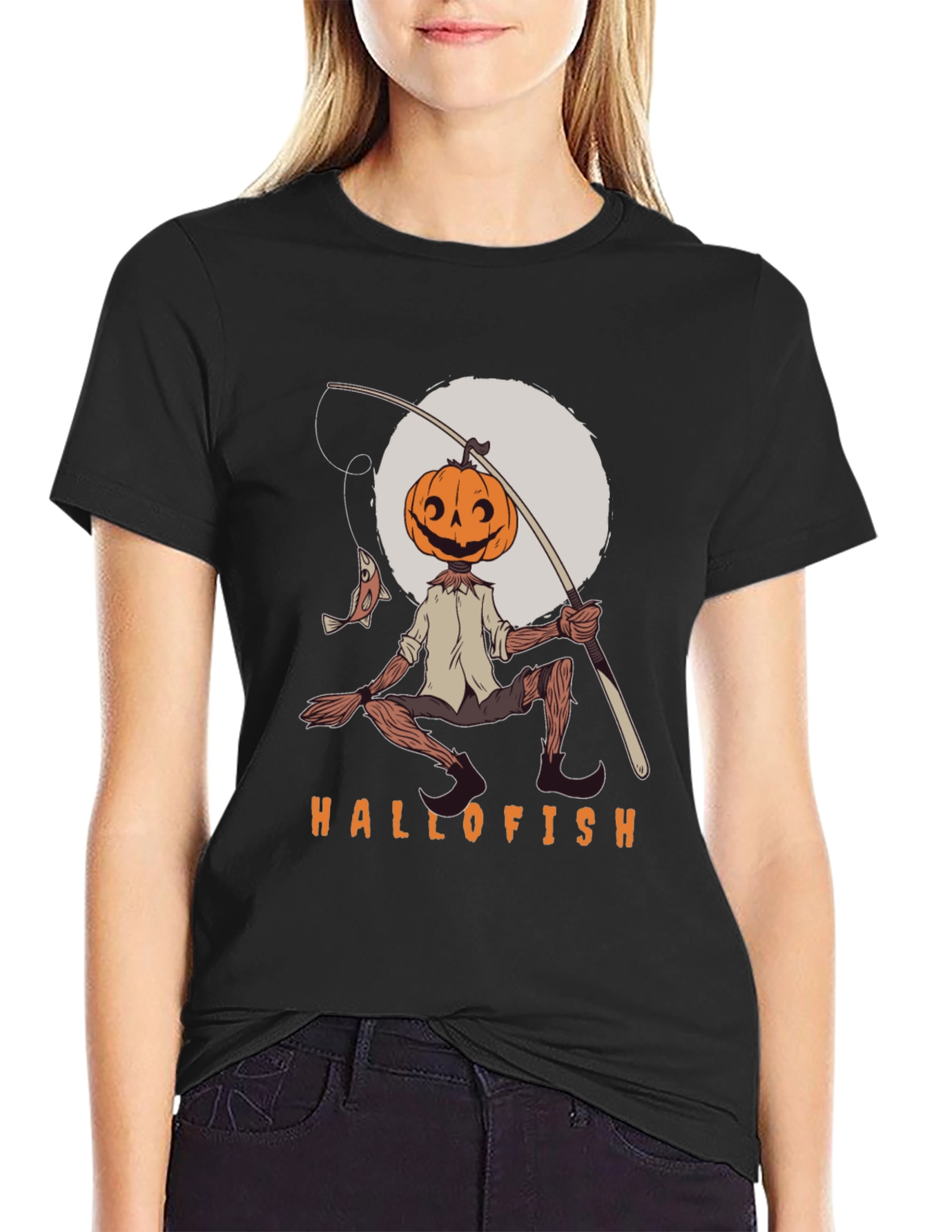 Black Hallofish Graphic Tee - Pumpkin Head Fisherman view 2