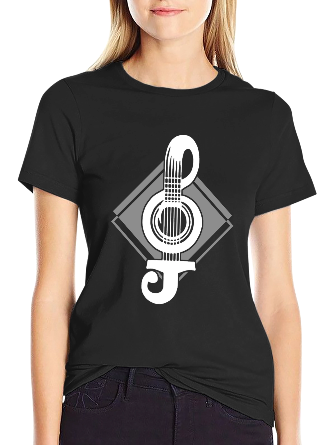 Black Guitar Clef Graphic Tee - Black Cotton Blend T-Shirt view 2