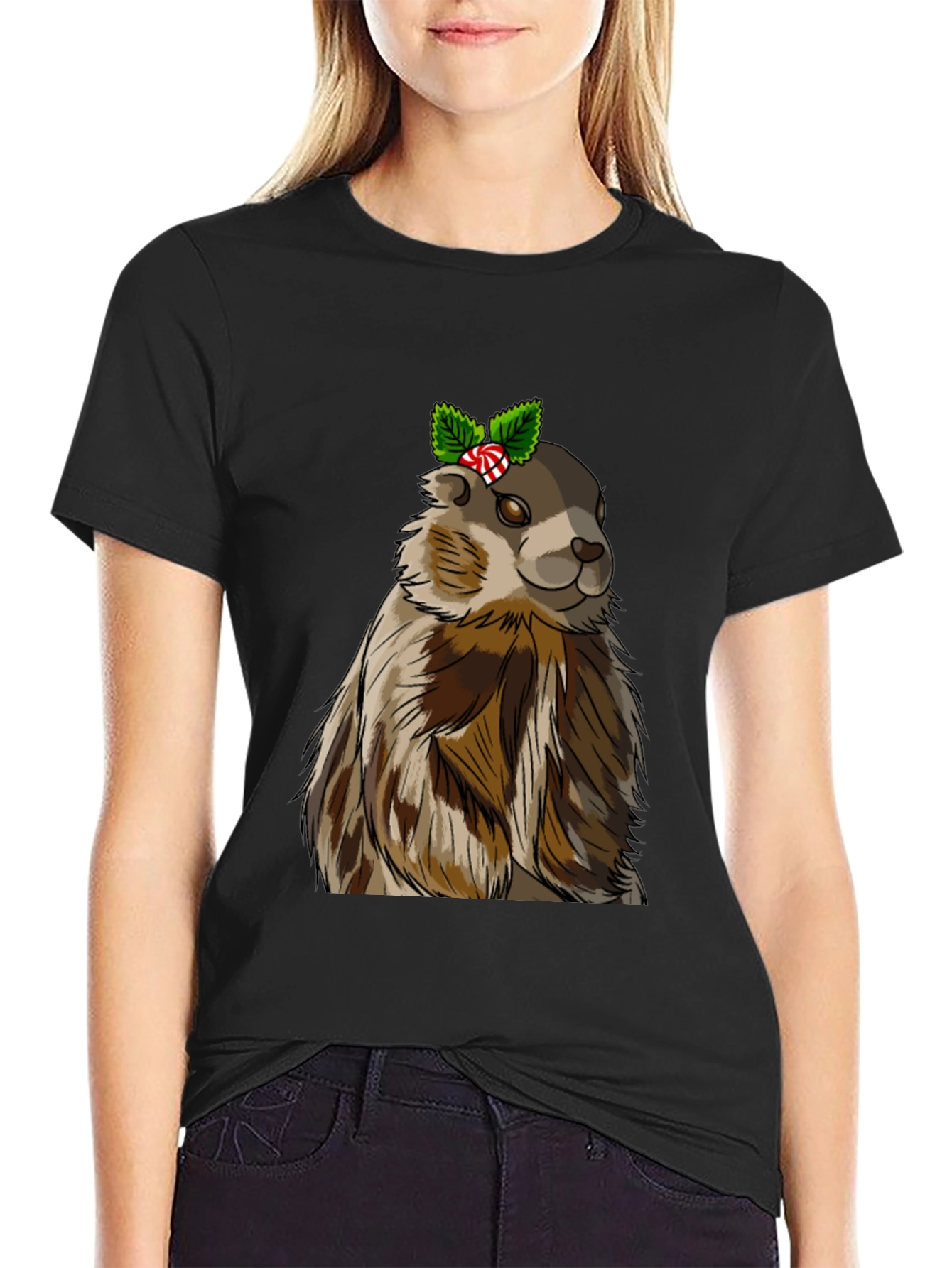 Black Festive Groundhog T-Shirt - Holiday Cheer! view 2