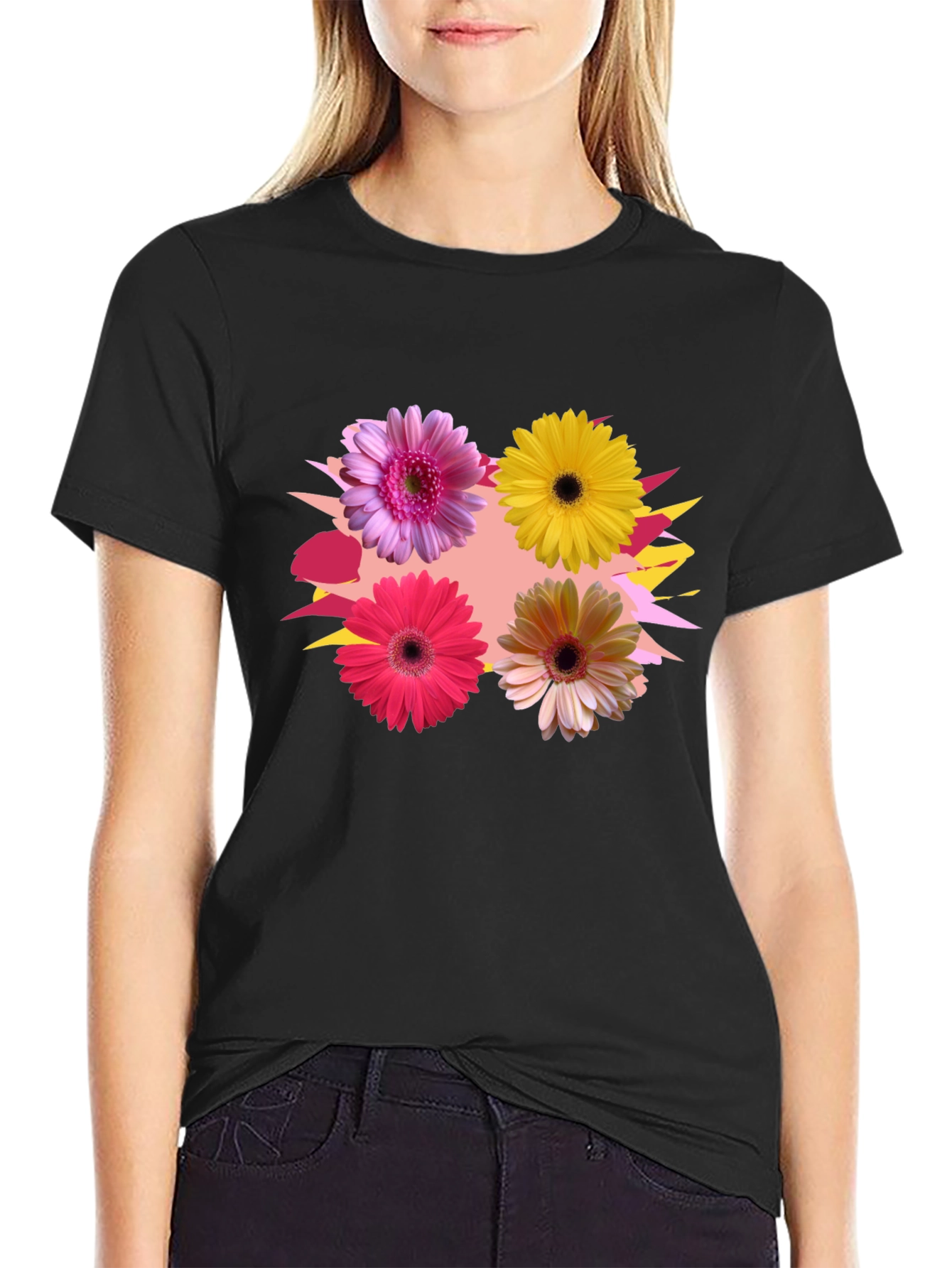 Black Floral Pattern Crew Neck T-Shirt view 2