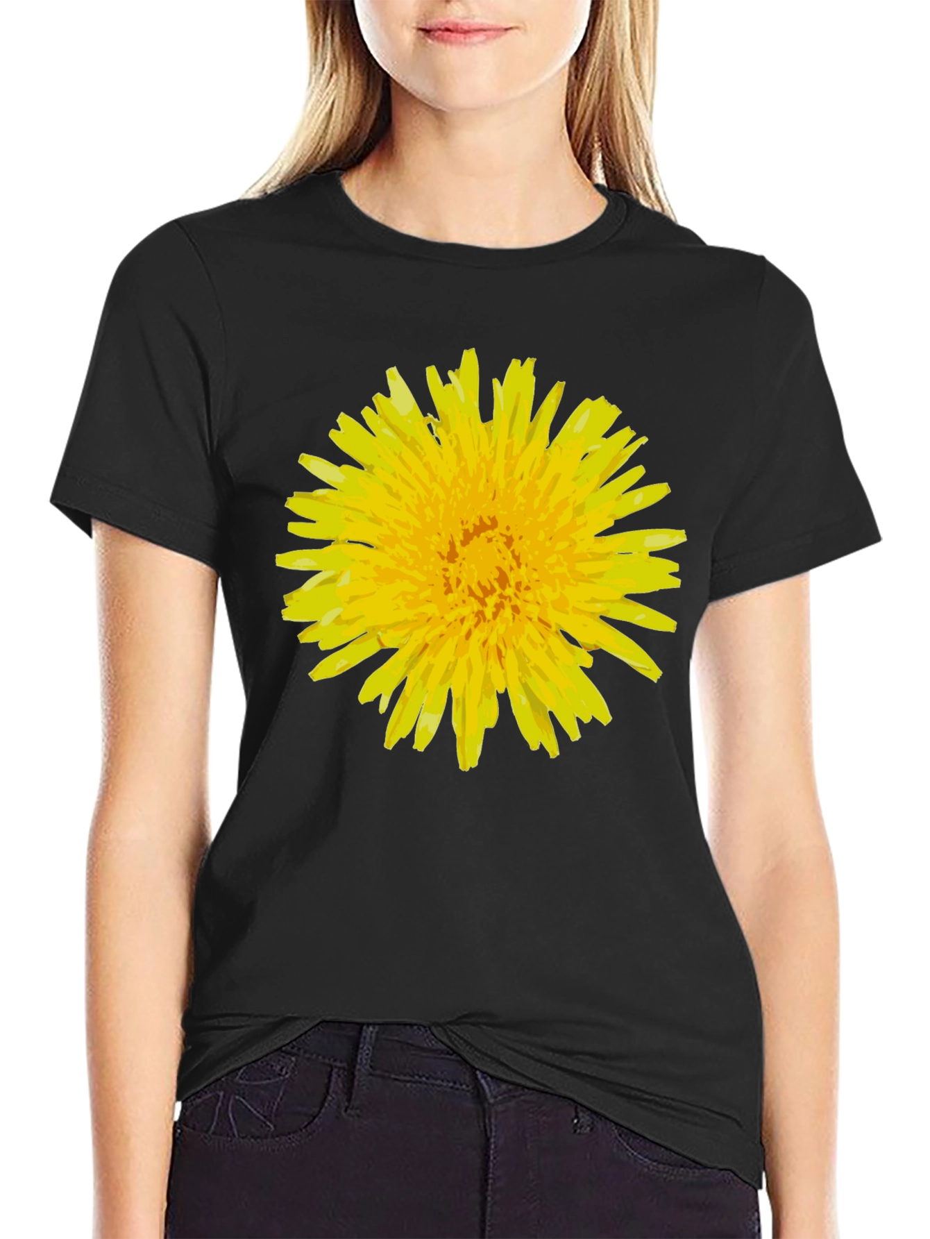 Black Dandelion Flower Graphic Tee - Black Cotton T-Shirt view 2