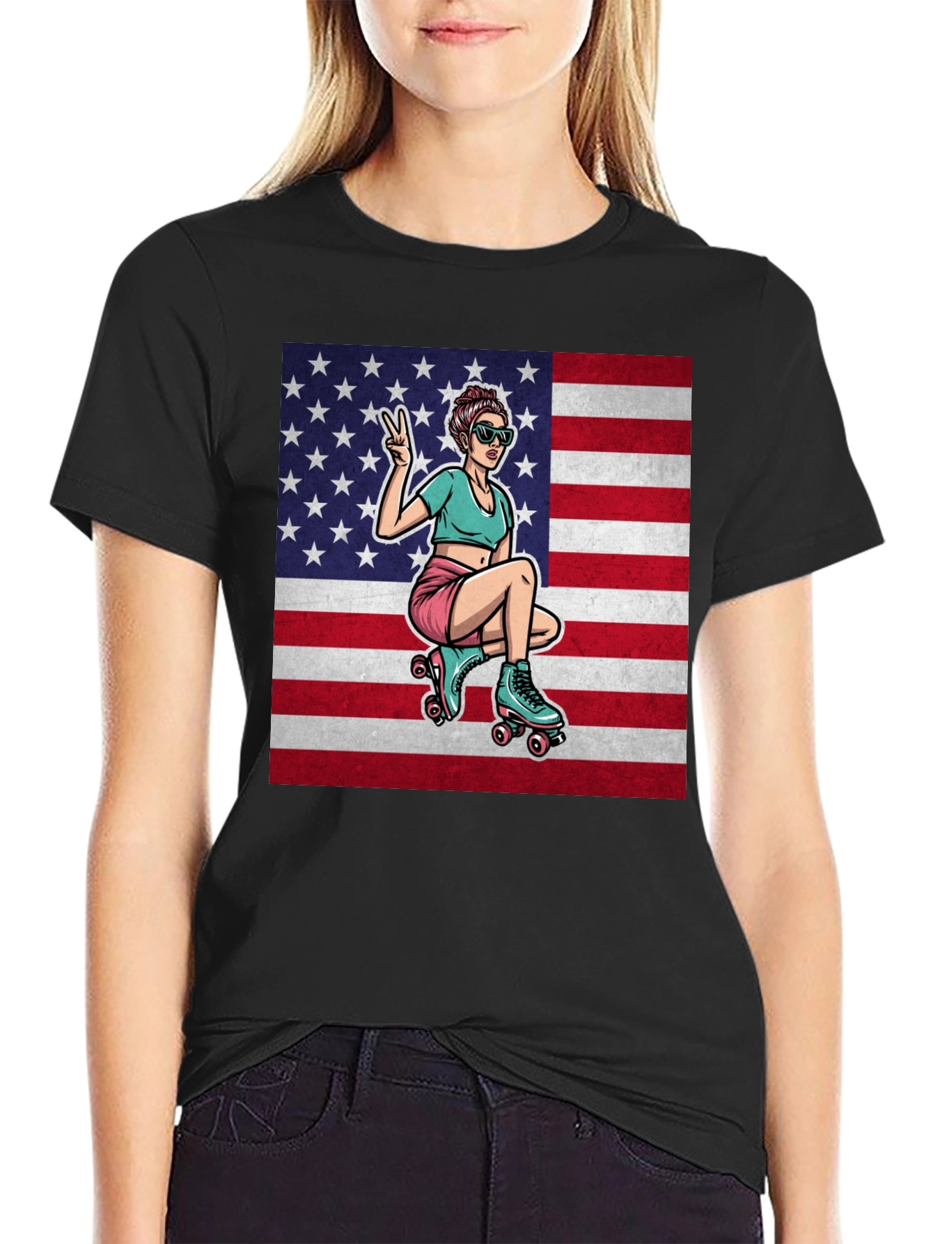 Black American Roller Girl Graphic Tee view 2
