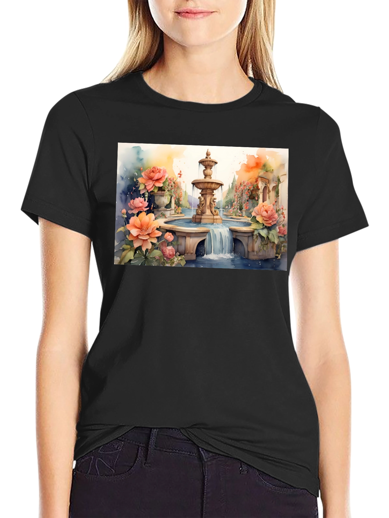 Black Floral Fountain Watercolor Art T-Shirt view 2
