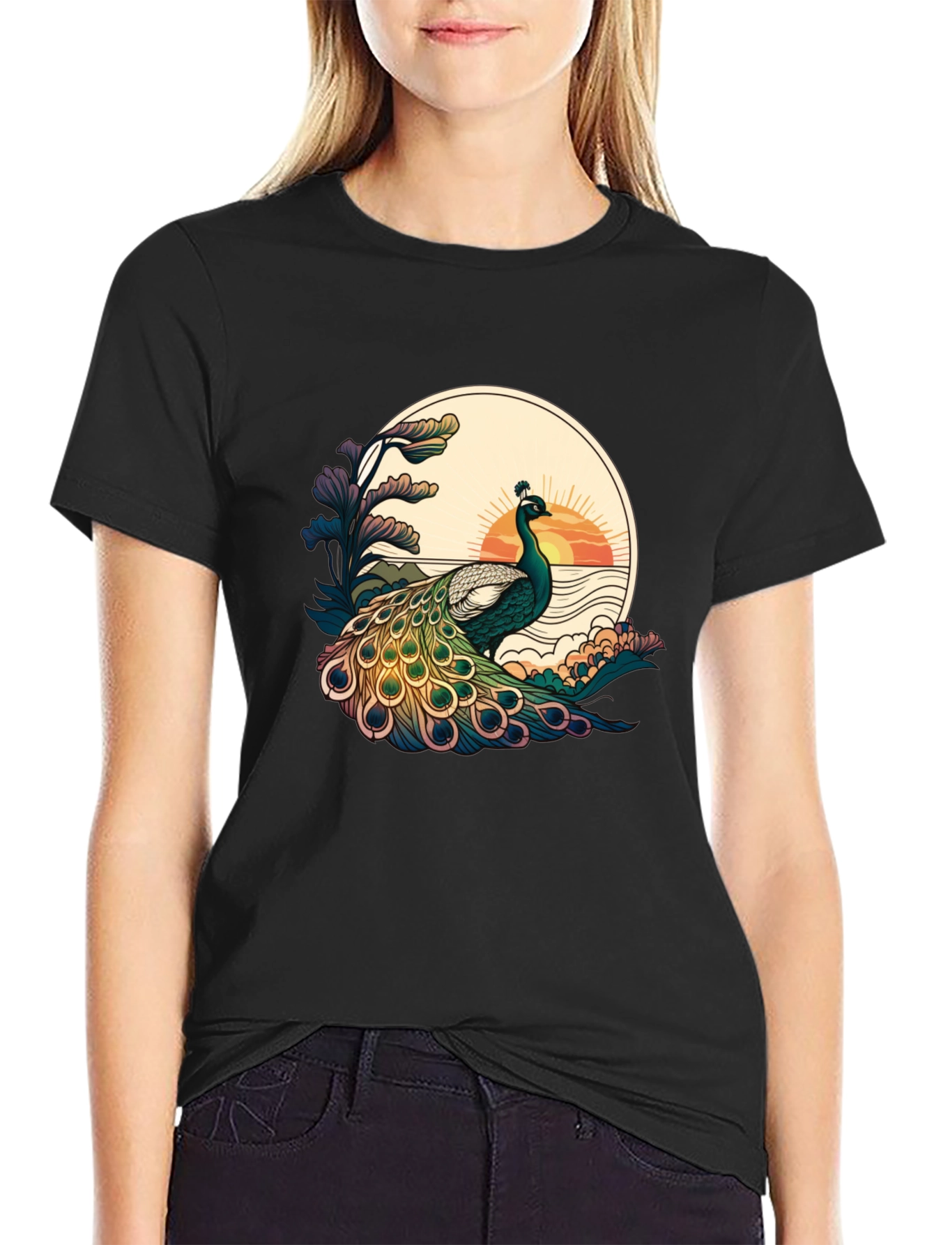 Black Peacock Sunset Graphic Tee - Stylish Black T-Shirt view 2