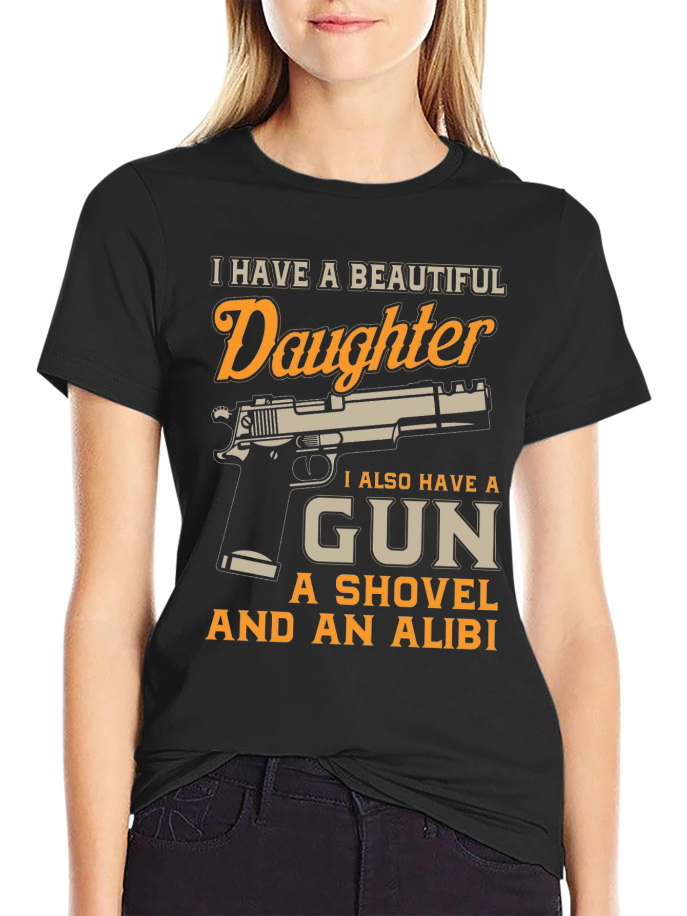 Black I Have a Beautiful Daughter Gun T-Shirt view 2
