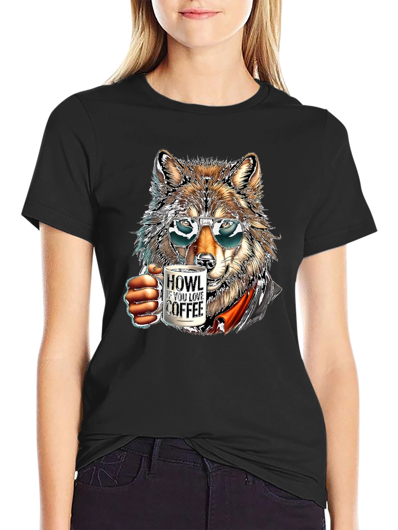 Black Cool Wolf Coffee Lover T-Shirt view 2
