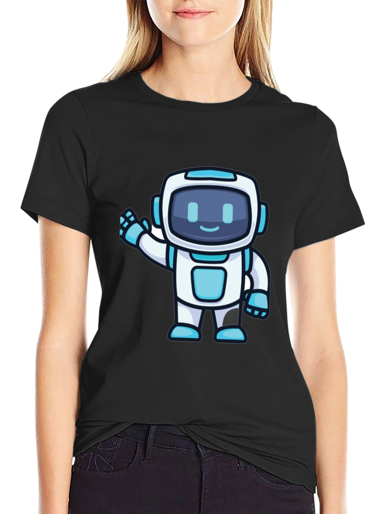 Black Cute Robot Graphic T-Shirt - Black Crew Neck view 2