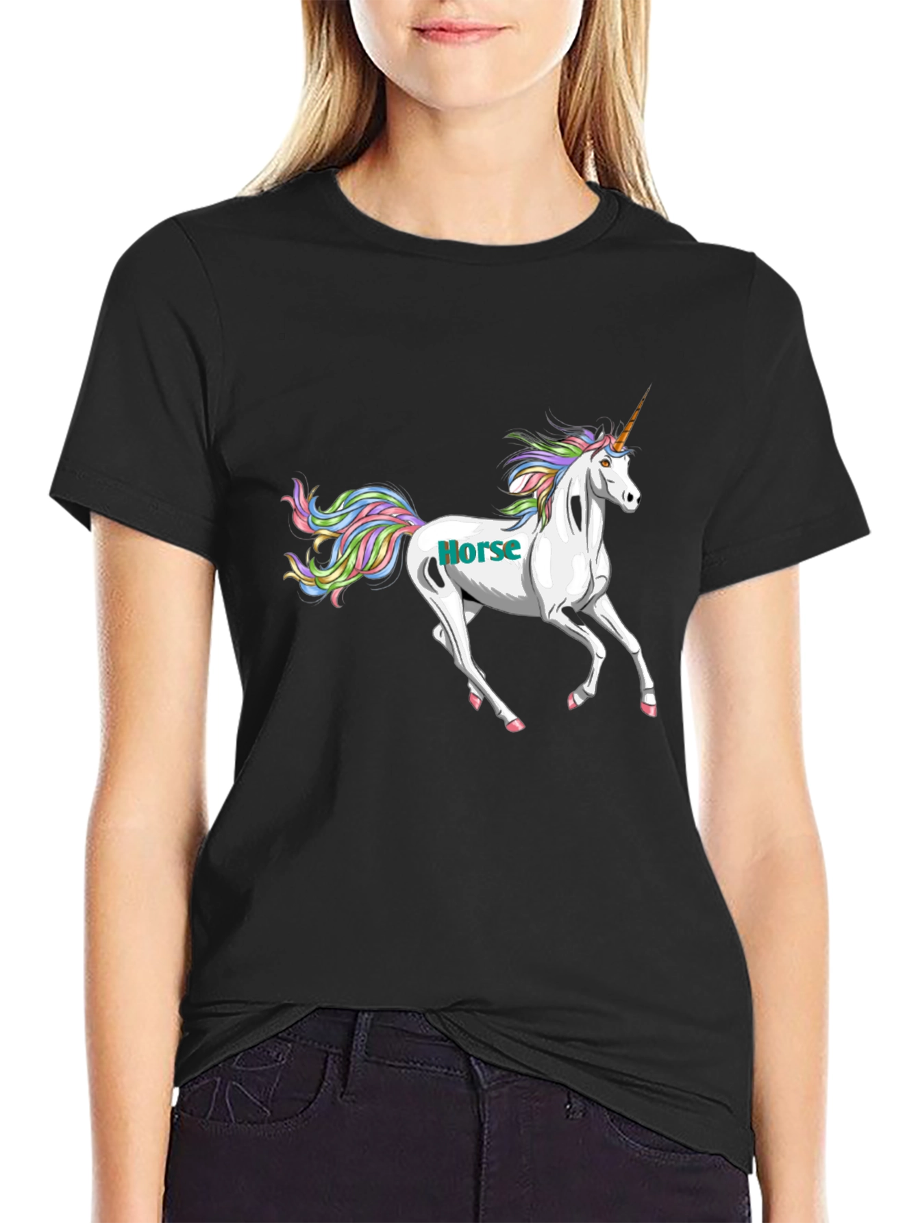 Black Unicorn Horse Graphic Tee - Black Cotton T-Shirt view 2