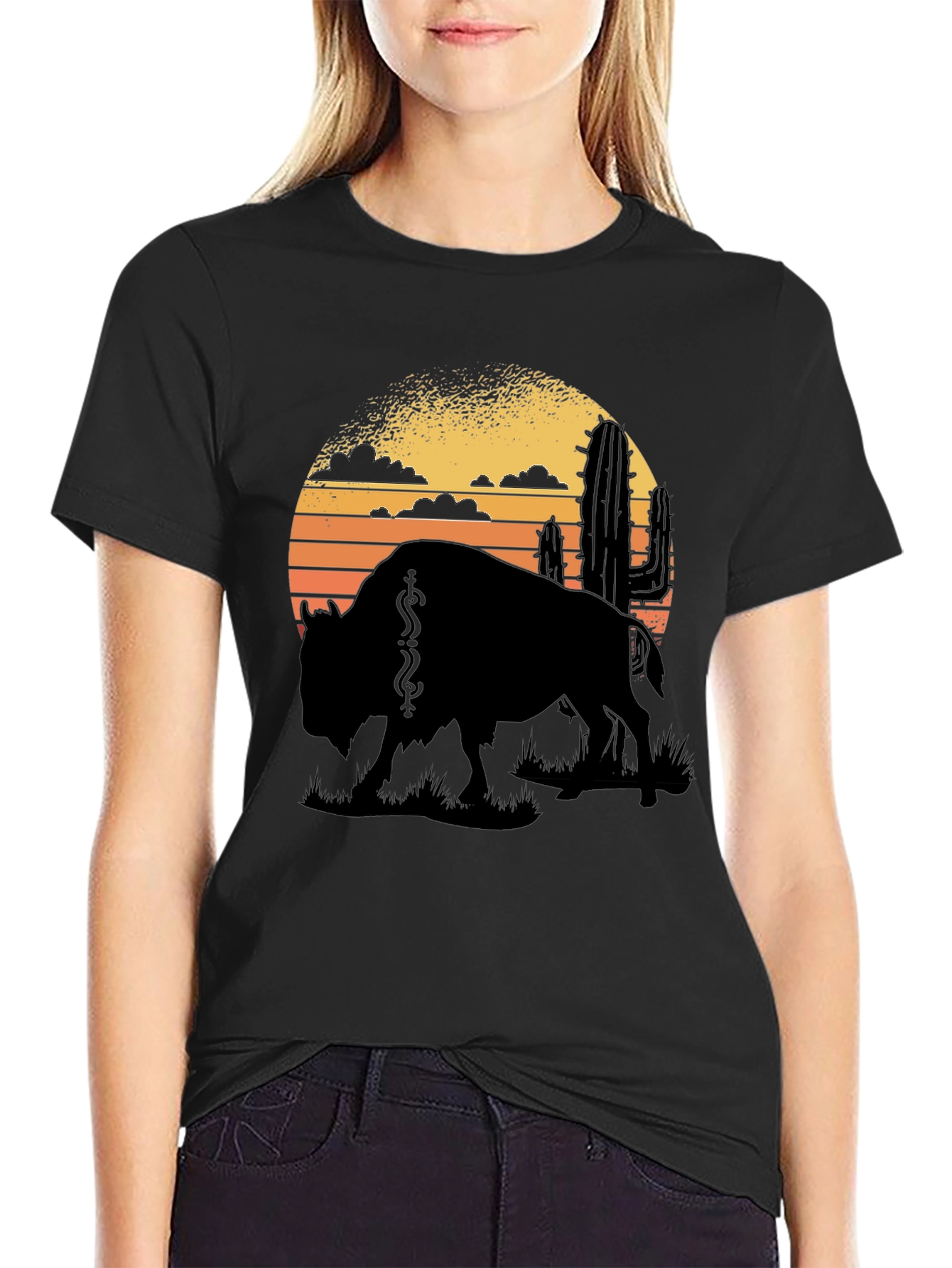 Black Buffalo Sunset Graphic Tee - Black Cotton T-Shirt view 2