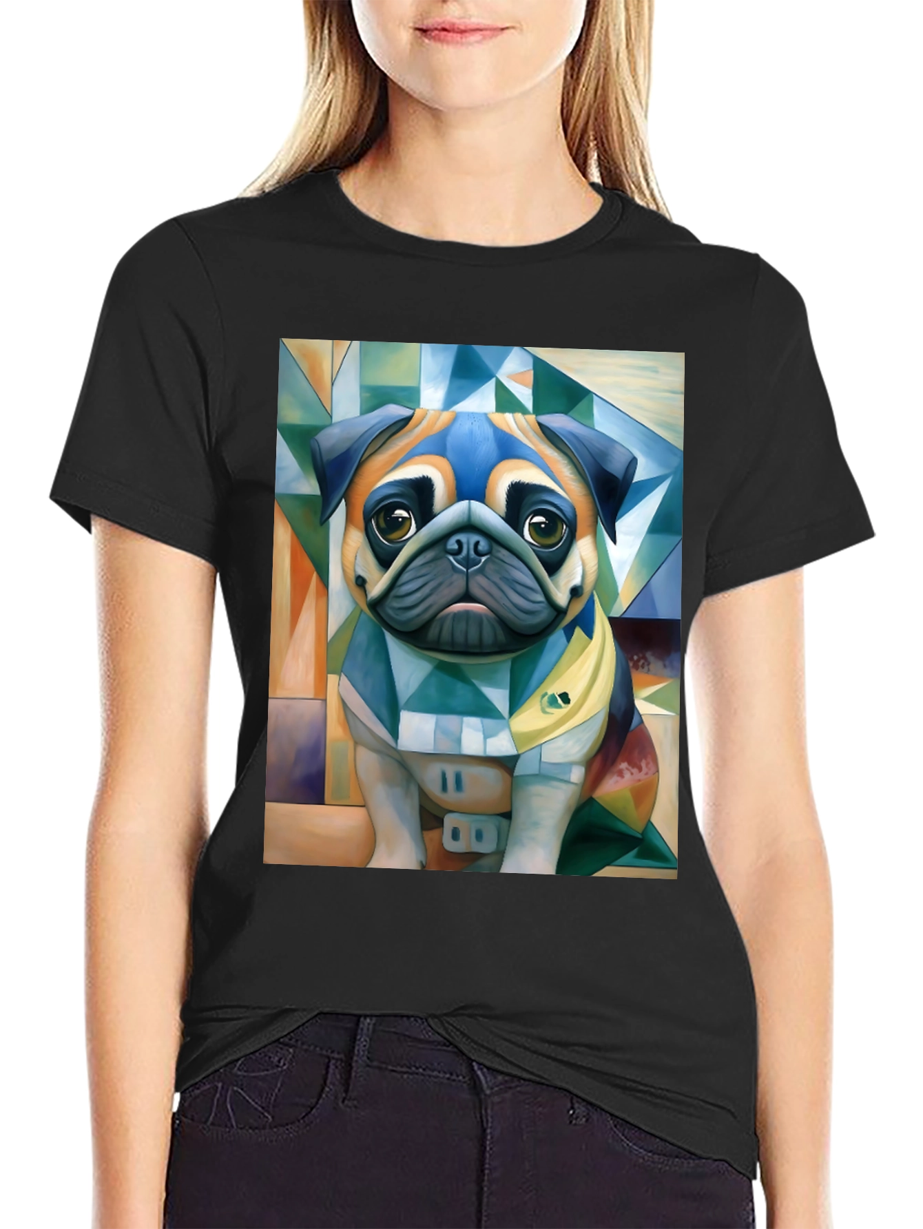 Black Pug Art T-Shirt - Unique Geometric Dog Design view 2