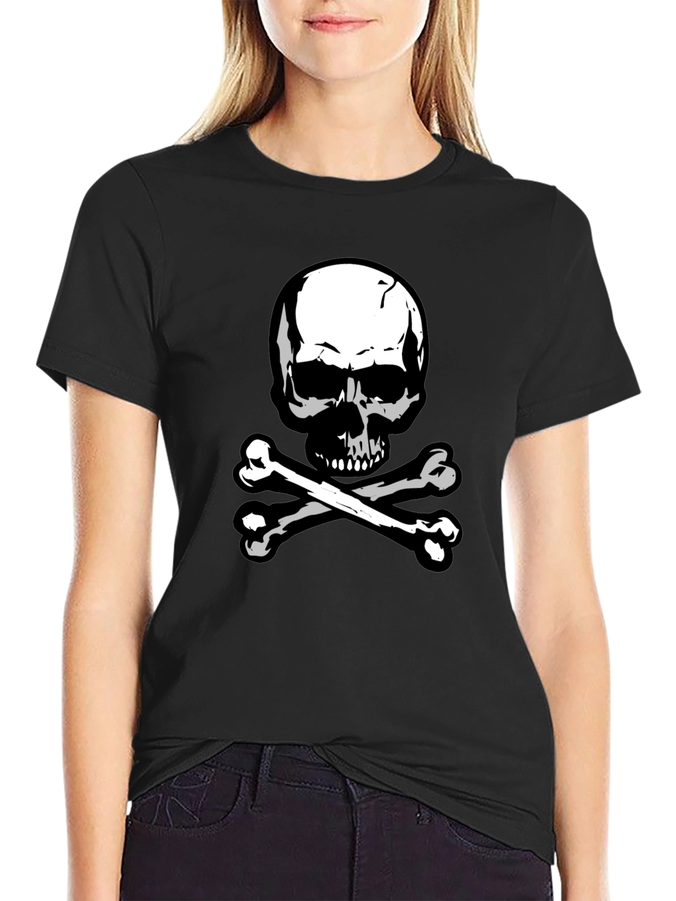 Black Skull & Crossbones Graphic Tee - Black Cotton view 2