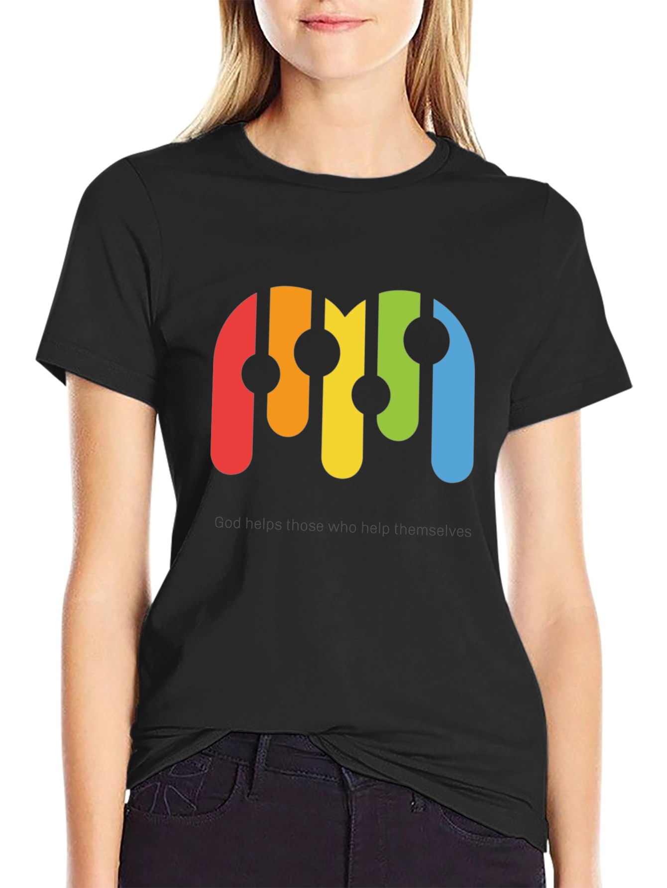 Black Retro Rainbow Graphic Black T-Shirt view 2