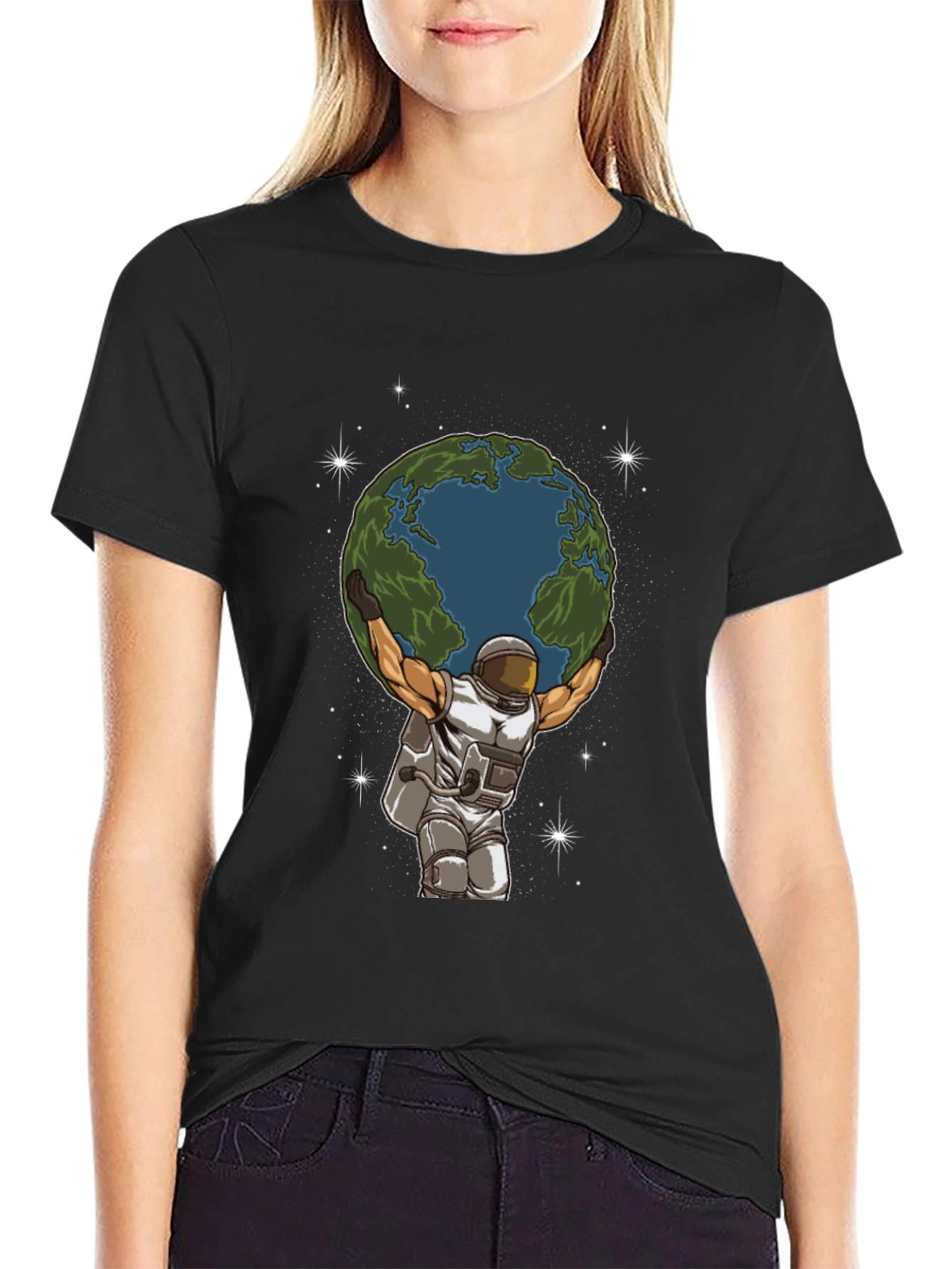 Black Astronaut Earth Lift Graphic Tee - Black Cotton T-Shirt view 2