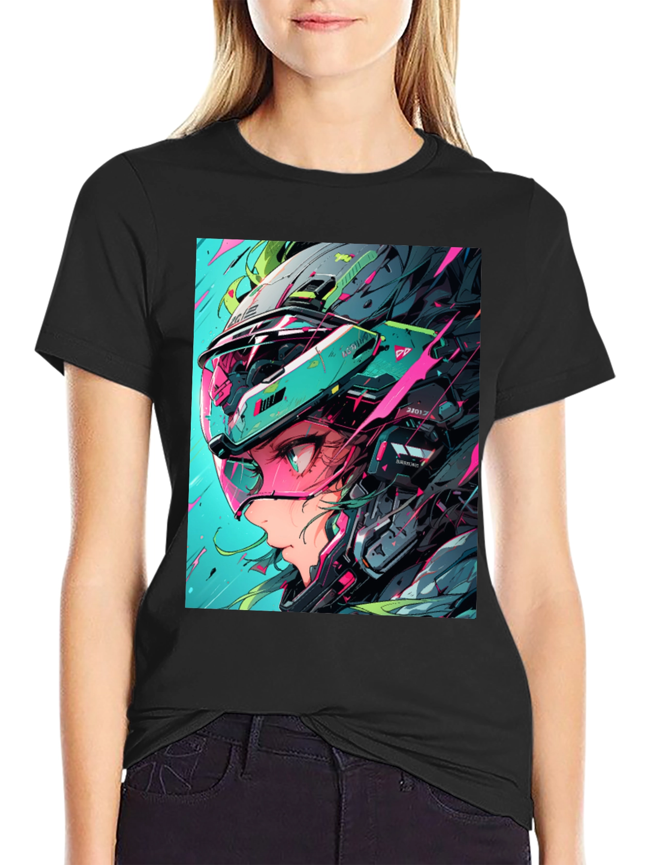 Black Cyberpunk Girl Helmet Graphic Tee view 2