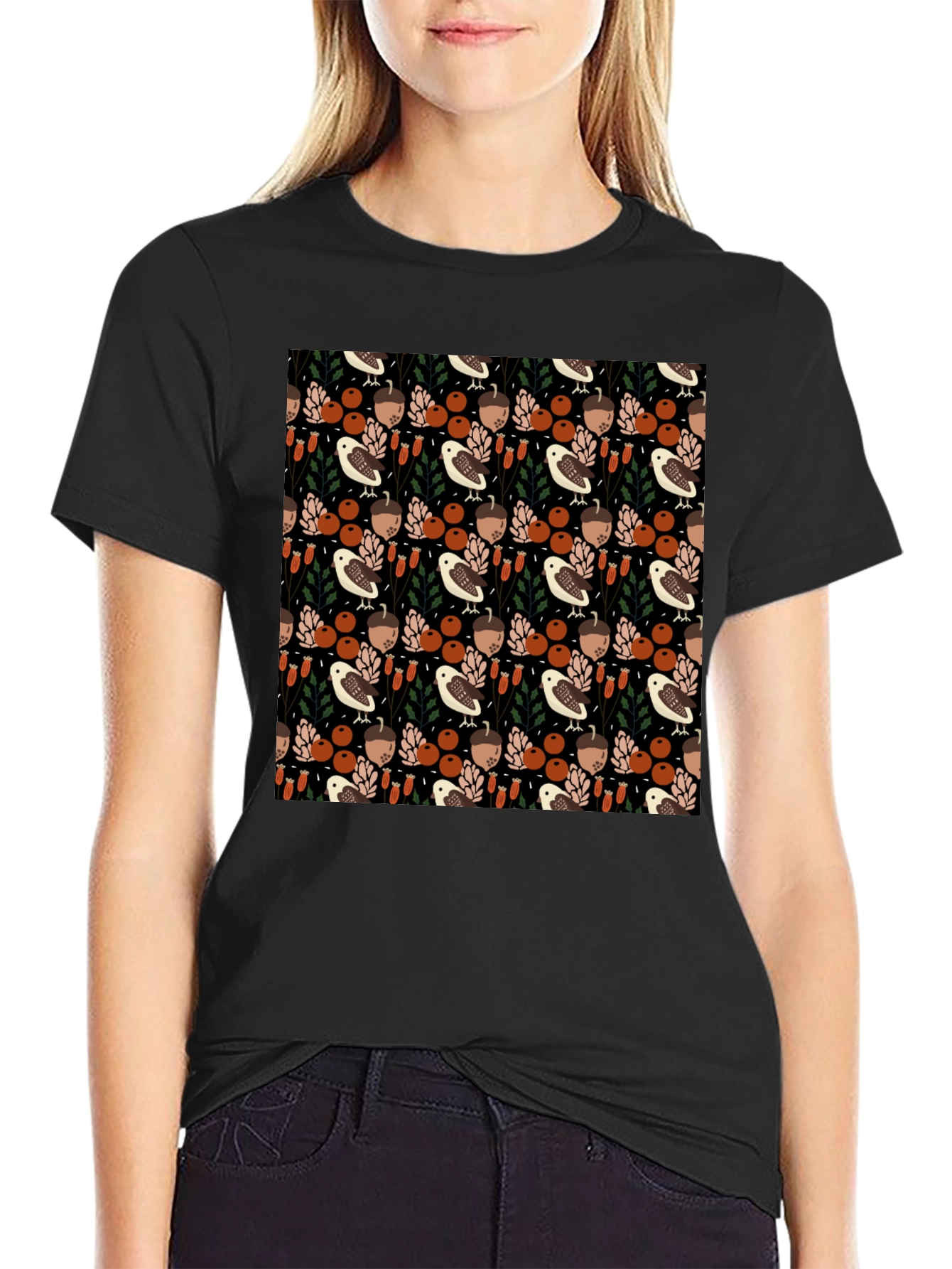 Black Fall Bird & Acorn Patterned Black T-Shirt view 2