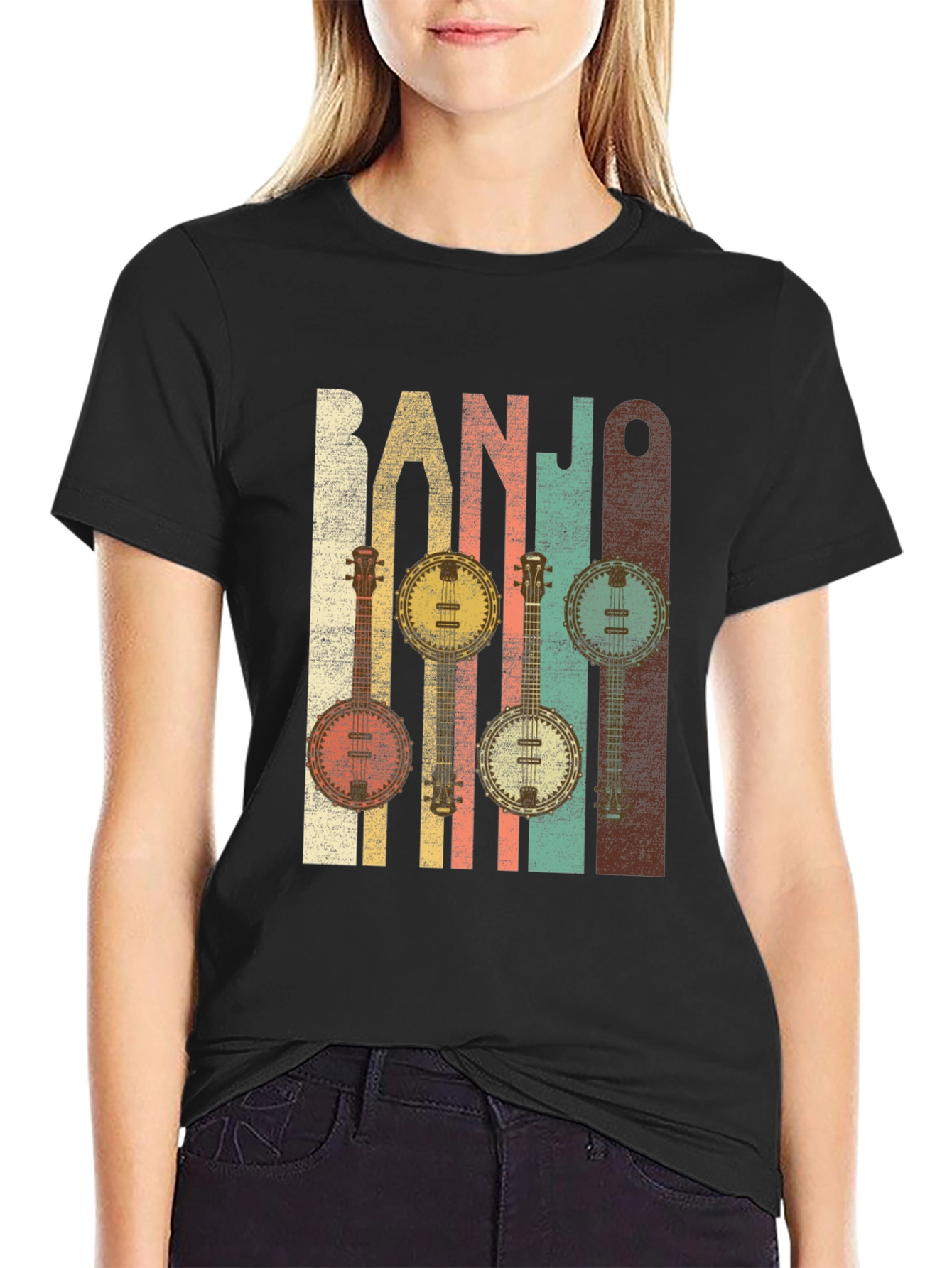 Black Vintage Banjo Music T-Shirt for Musicians view 2