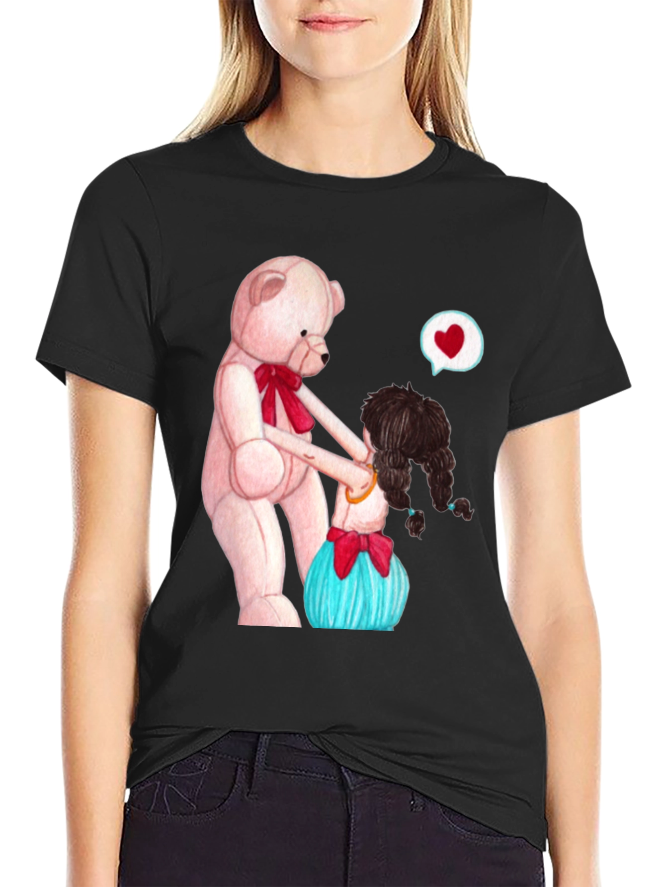 Black Cute Teddy Bear & Girl Black Graphic Tee view 2