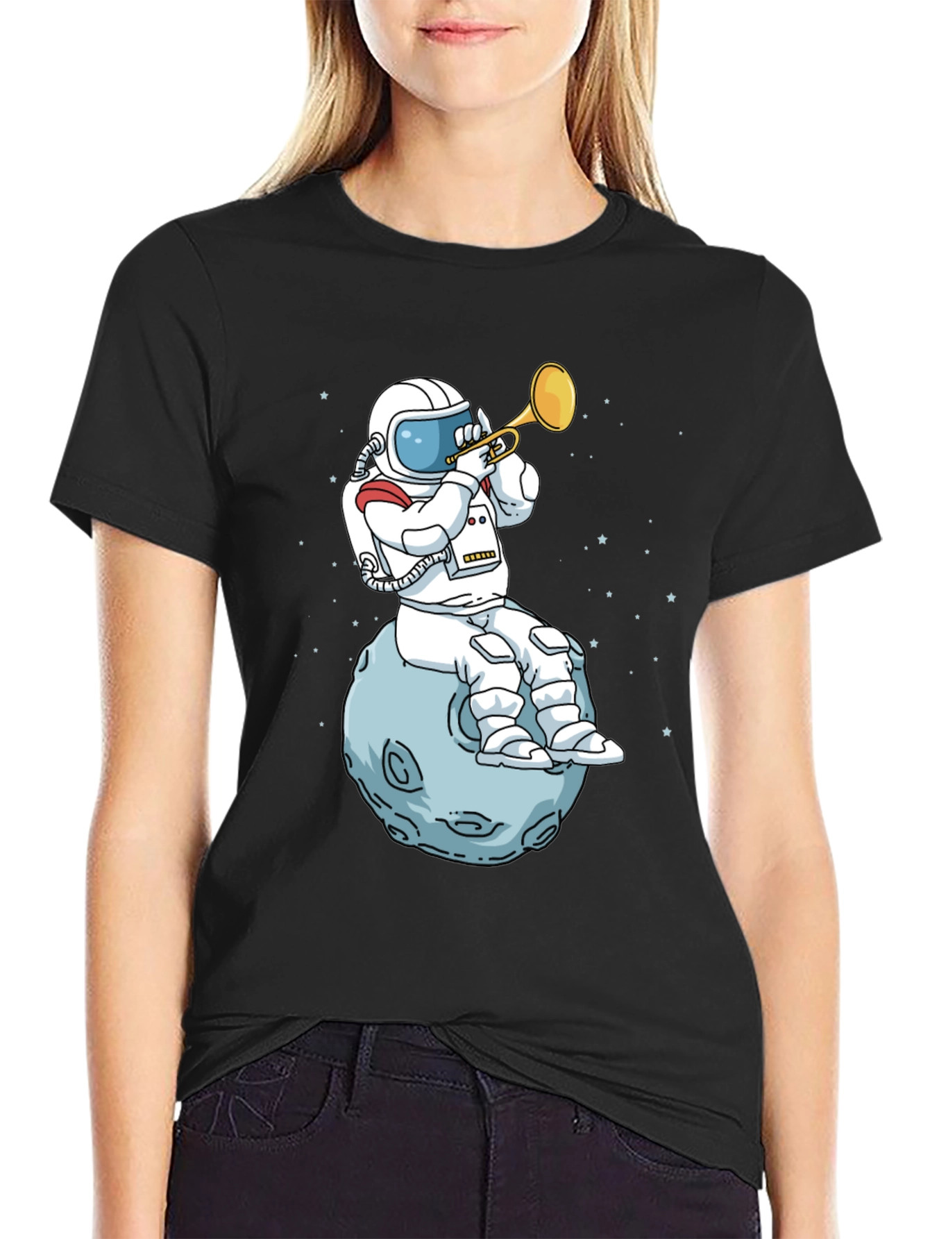 Black Astronaut Moon Trumpet Graphic Tee view 2