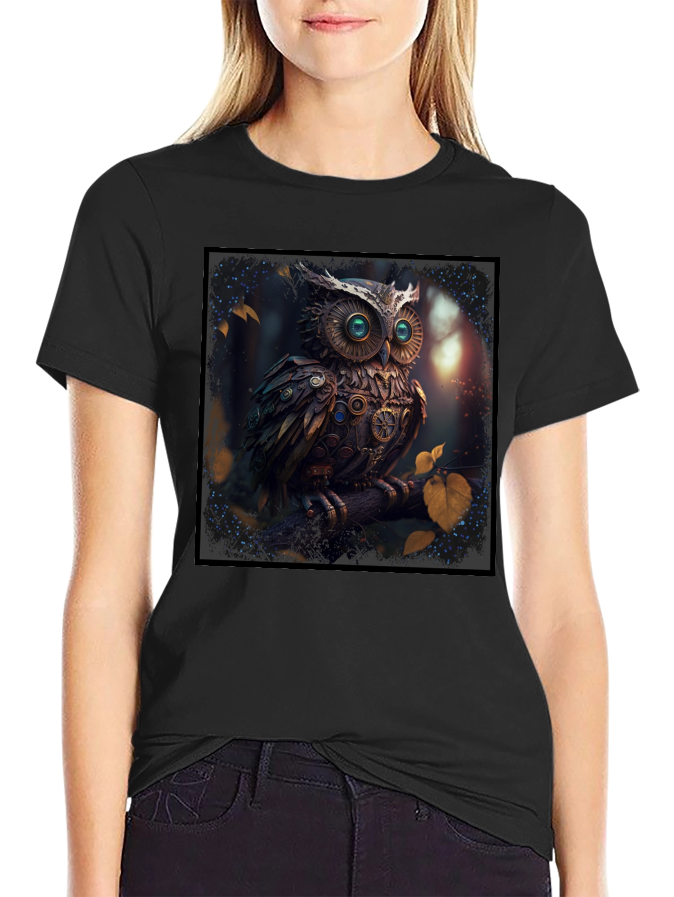 Black Steampunk Owl Graphic Black T-Shirt view 2