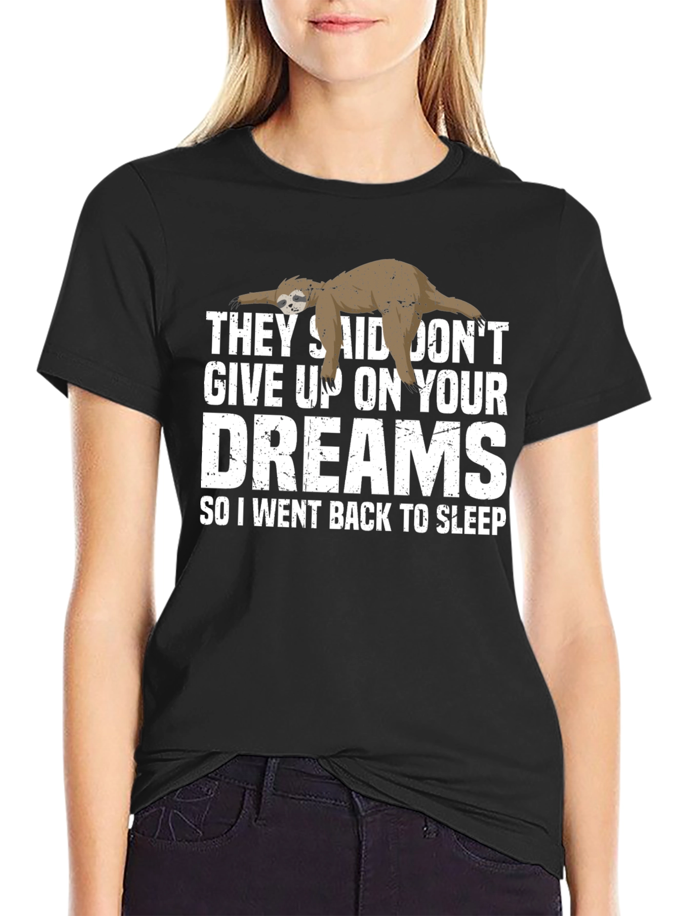Black Funny Sloth Dreams T-Shirt - Soft Cotton Tee view 2