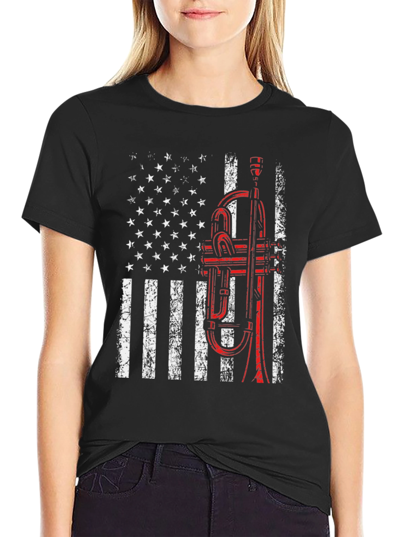 Black American Flag Trumpet T-Shirt view 2