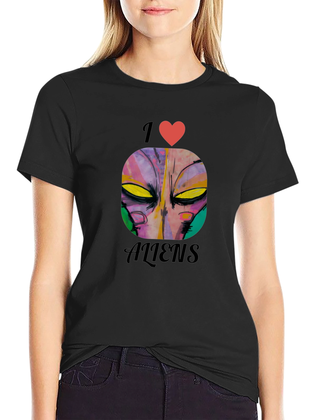 Black I Heart Aliens Graphic Tee - Black Cotton Casual T-Shirt view 2