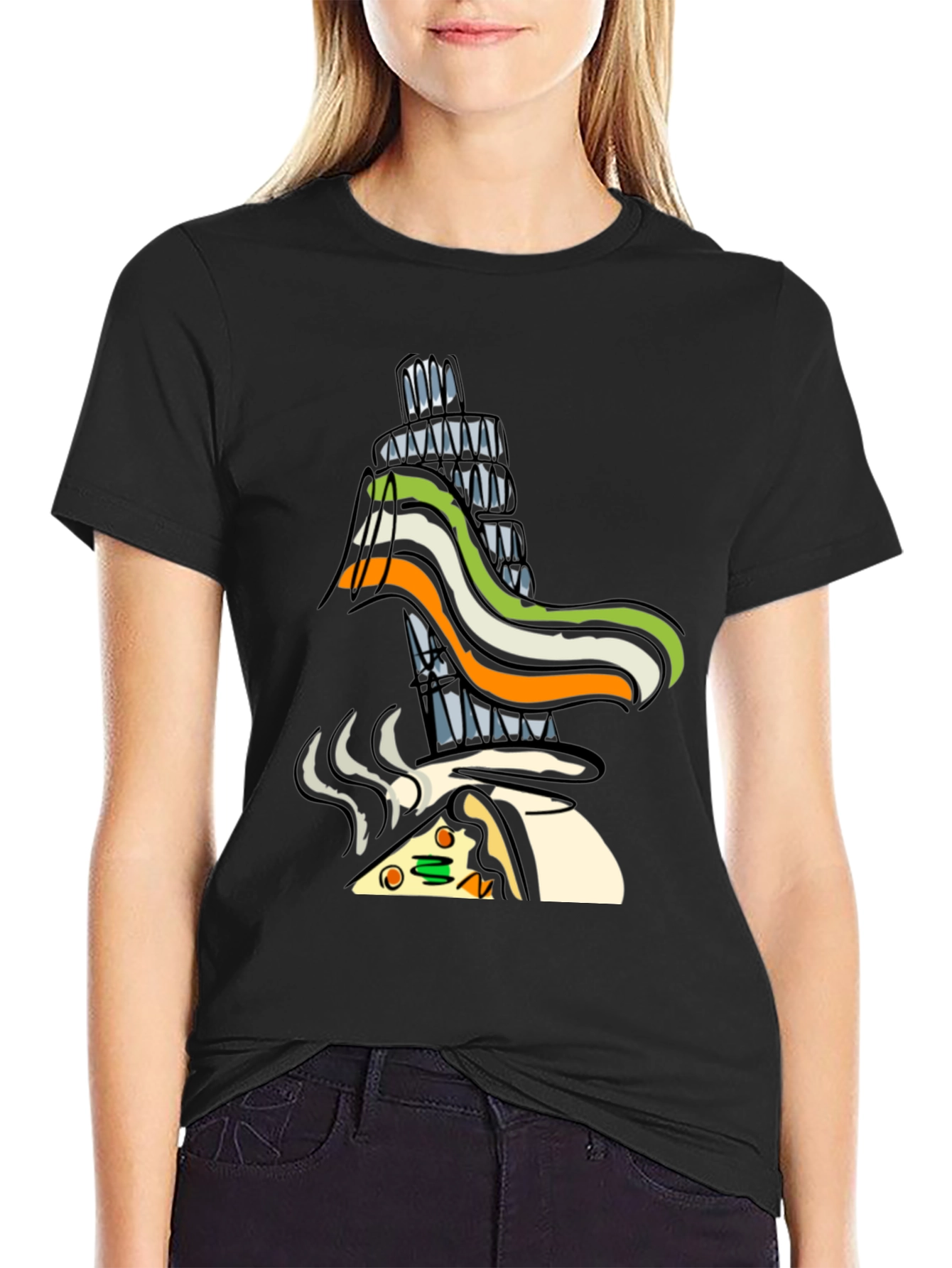 Black Whimsical Pizza & Tower Graphic T-Shirt - Black view 2
