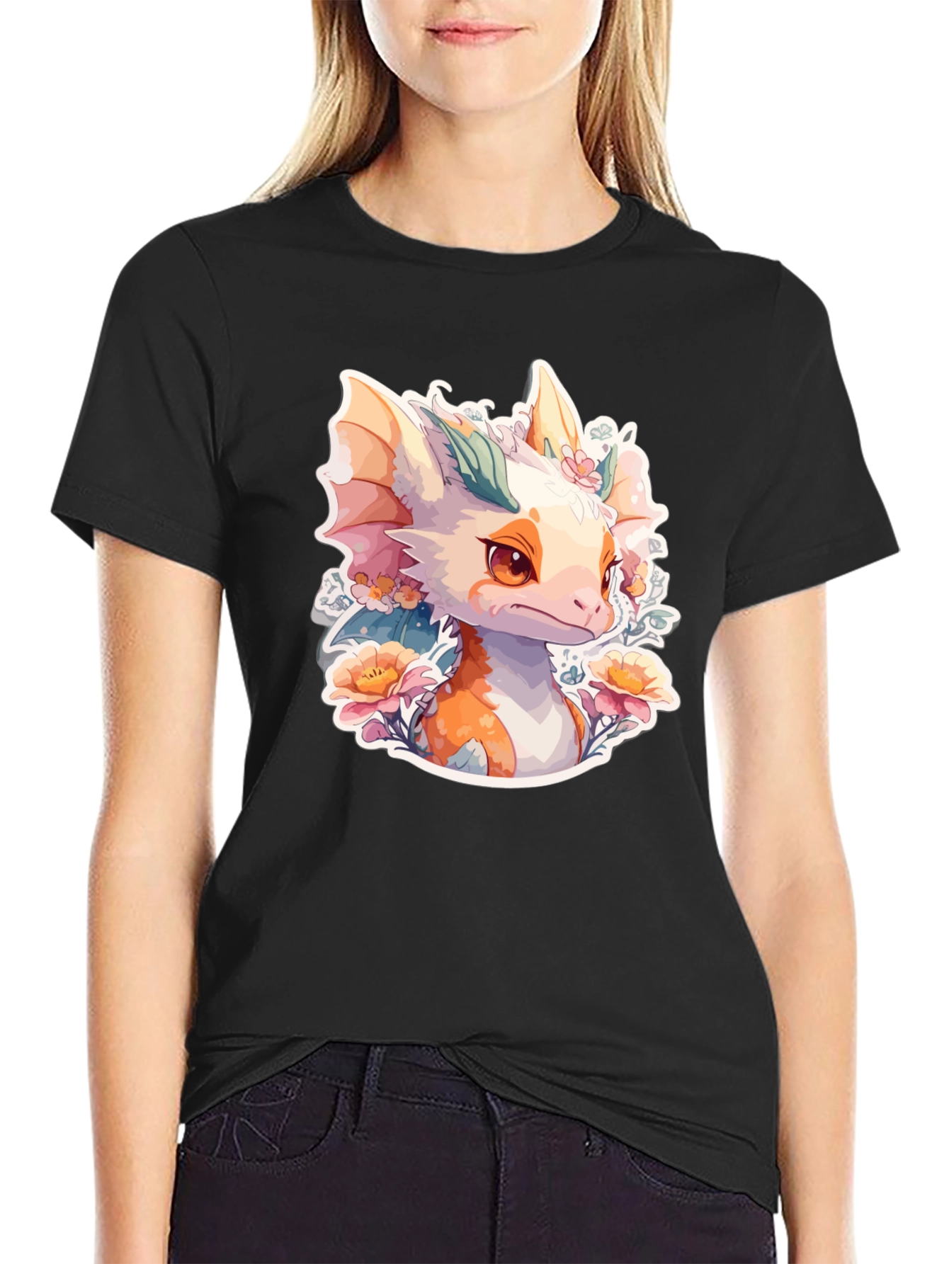 Black Dragon Floral T-Shirt: Cute Fantasy Creature Tee view 2